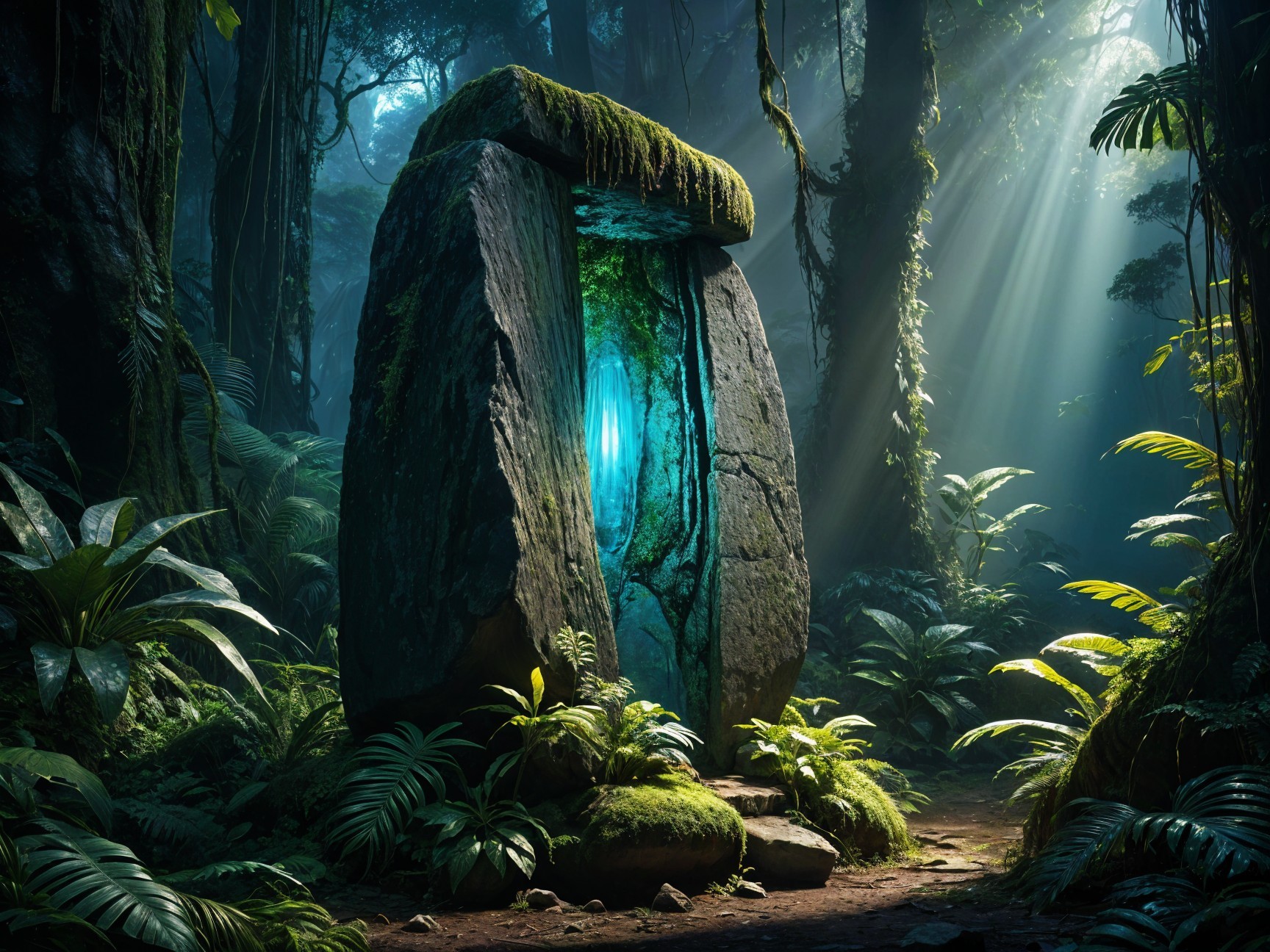 Mystical Jungle with Glowing Split Stone and Ferns