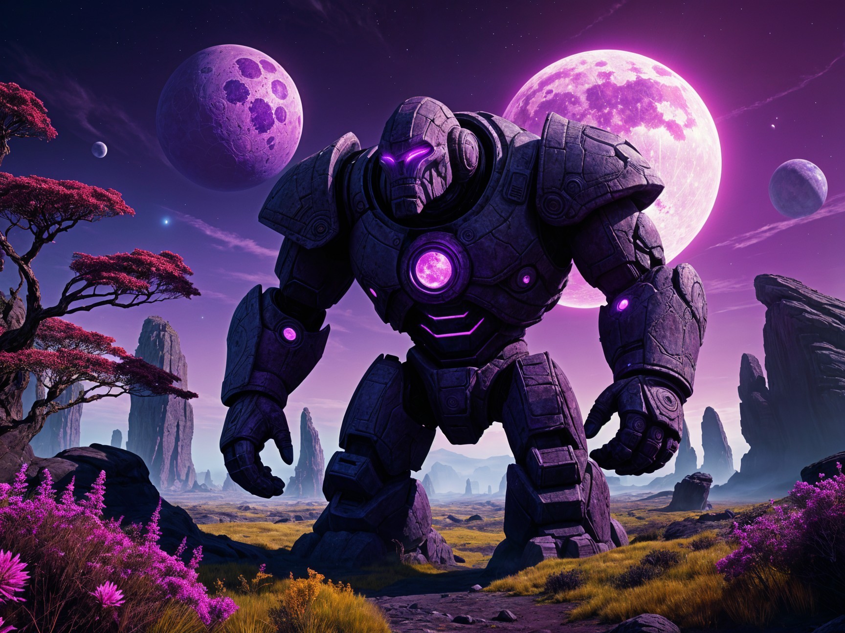 Colossal Robot in Vibrant Alien Landscape with Moons