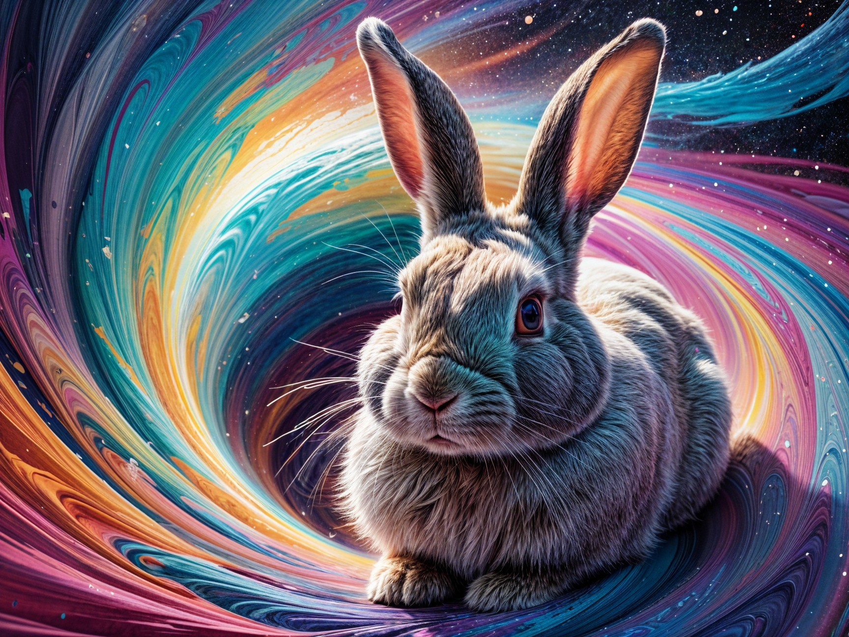 Fluffy Rabbit Against Vibrant Cosmic Background