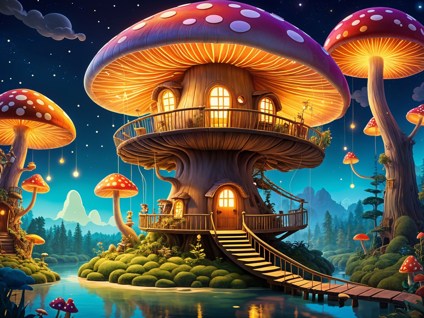 Whimsical Mushroom House Surrounded by Lush Nature