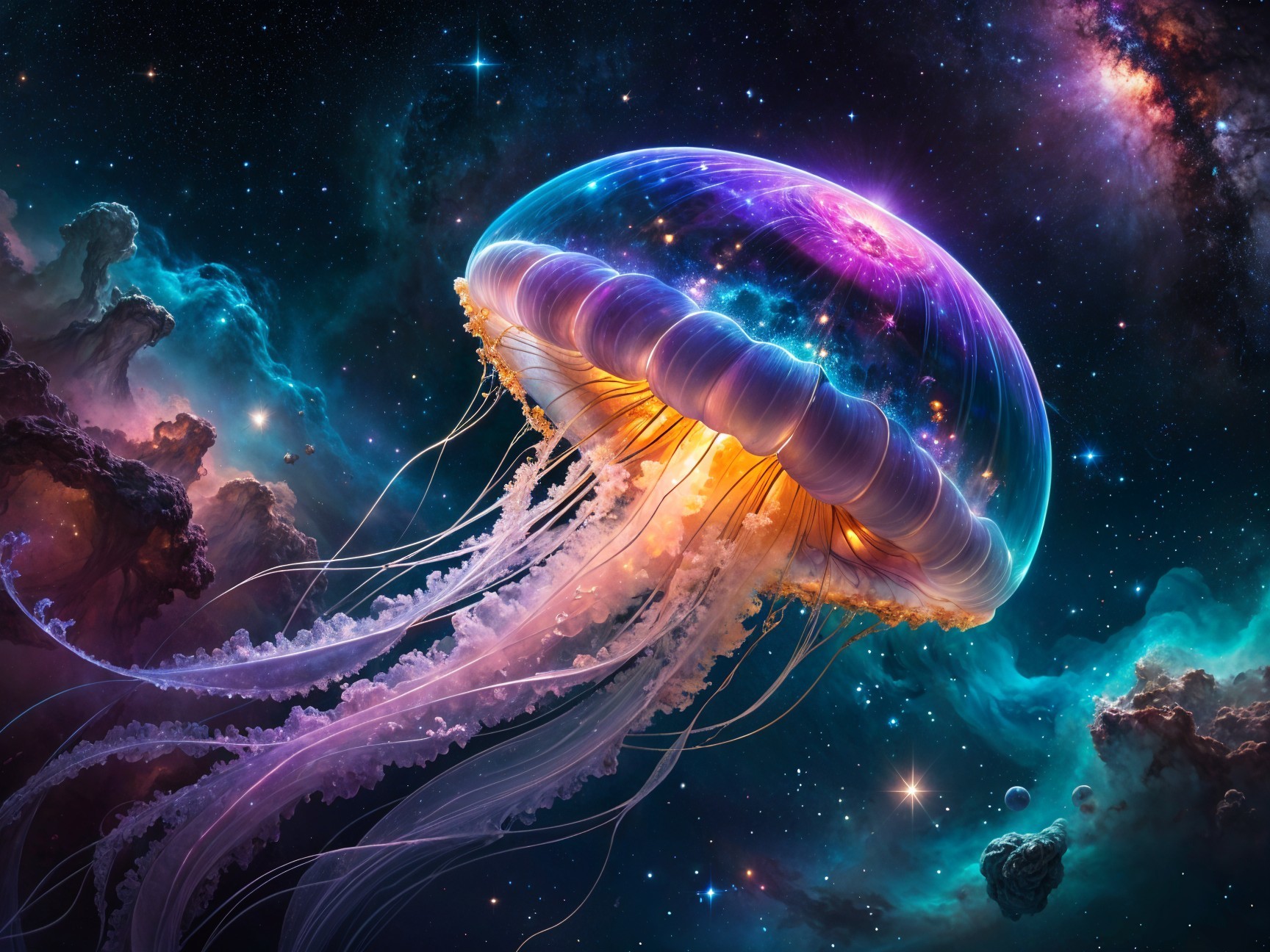 Jellyfish in a Cosmic Setting with Iridescent Colors