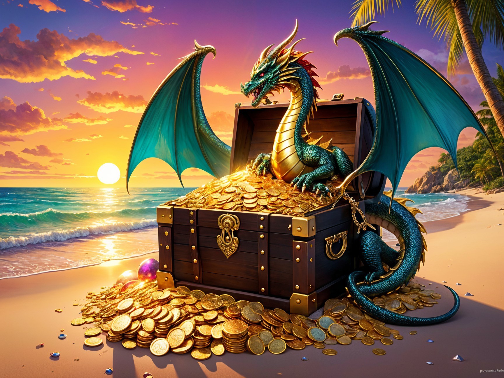 Dragon on Treasure Chest at Sunset Beach Scene