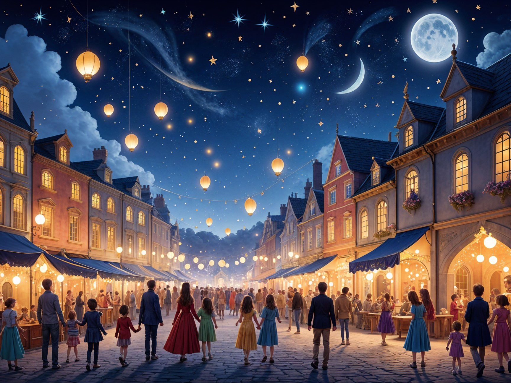 Evening Market Scene with Lanterns and Stars