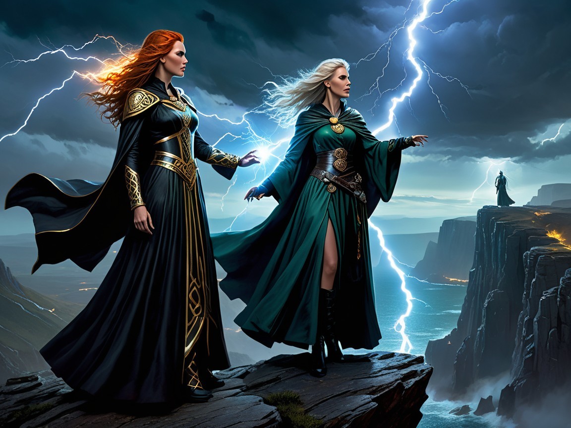 Sorceresses on Cliff with Stormy Sky and Lightning