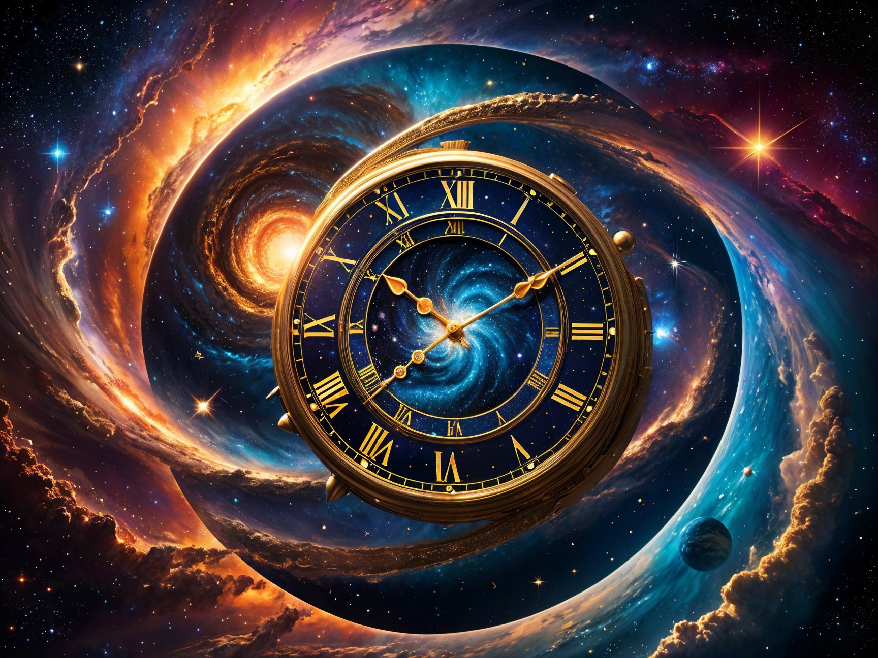 Golden Clock in Vibrant Cosmic Scene with Galaxies