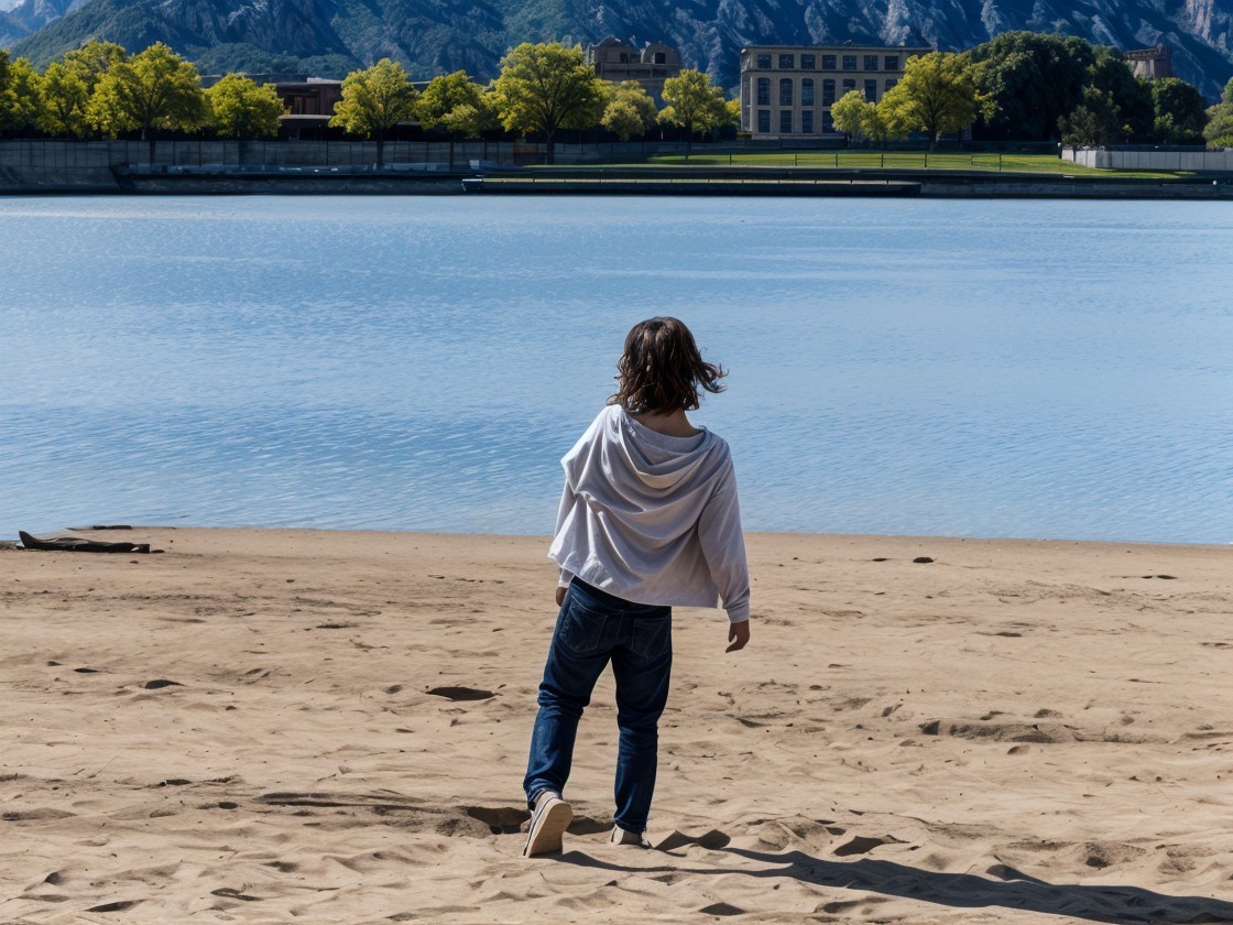 Person on Shore by Reflective Lake with Mountains