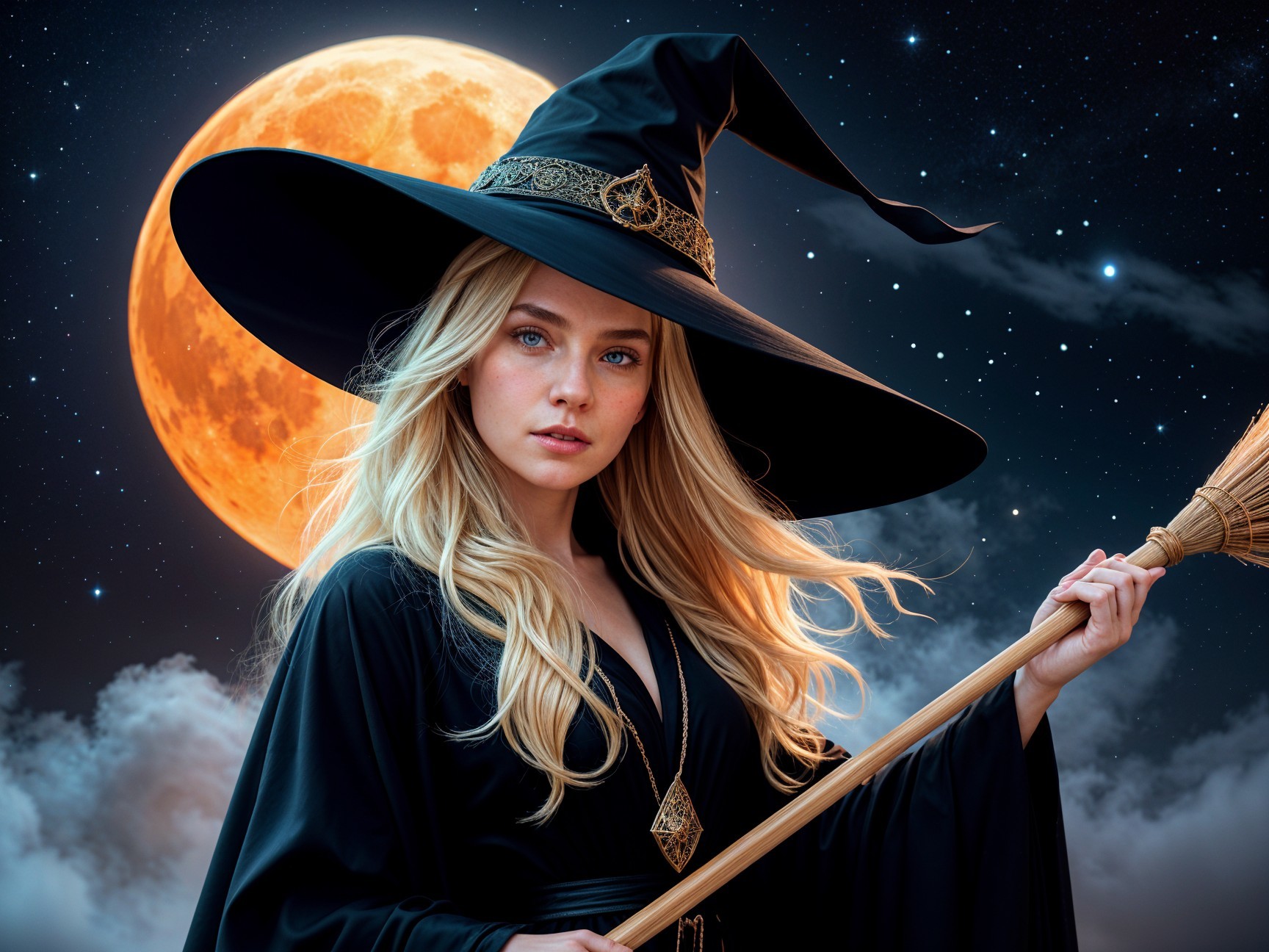 Mystical witch in black robe under a full moon