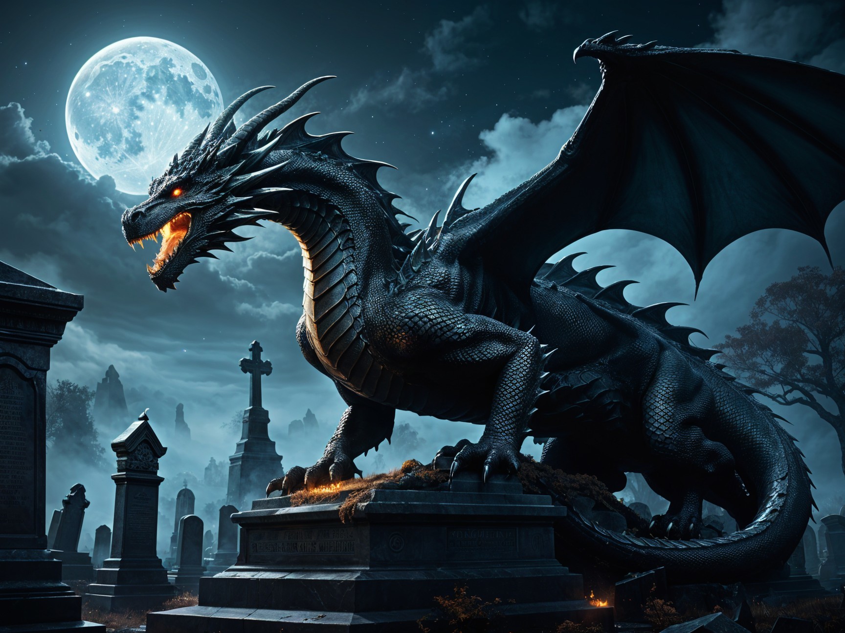 Black Dragon on Gravestone in Eerie Cemetery Scene