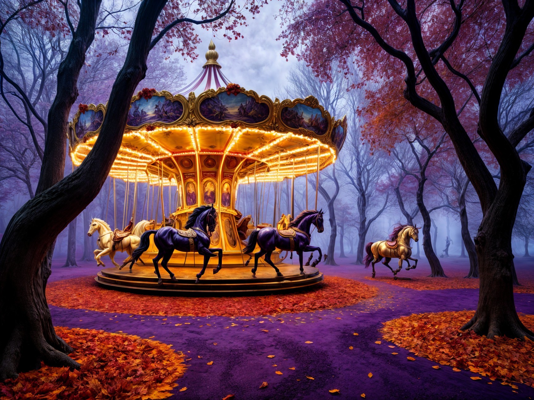 Whimsical Carousel in Autumn Landscape with Leaves
