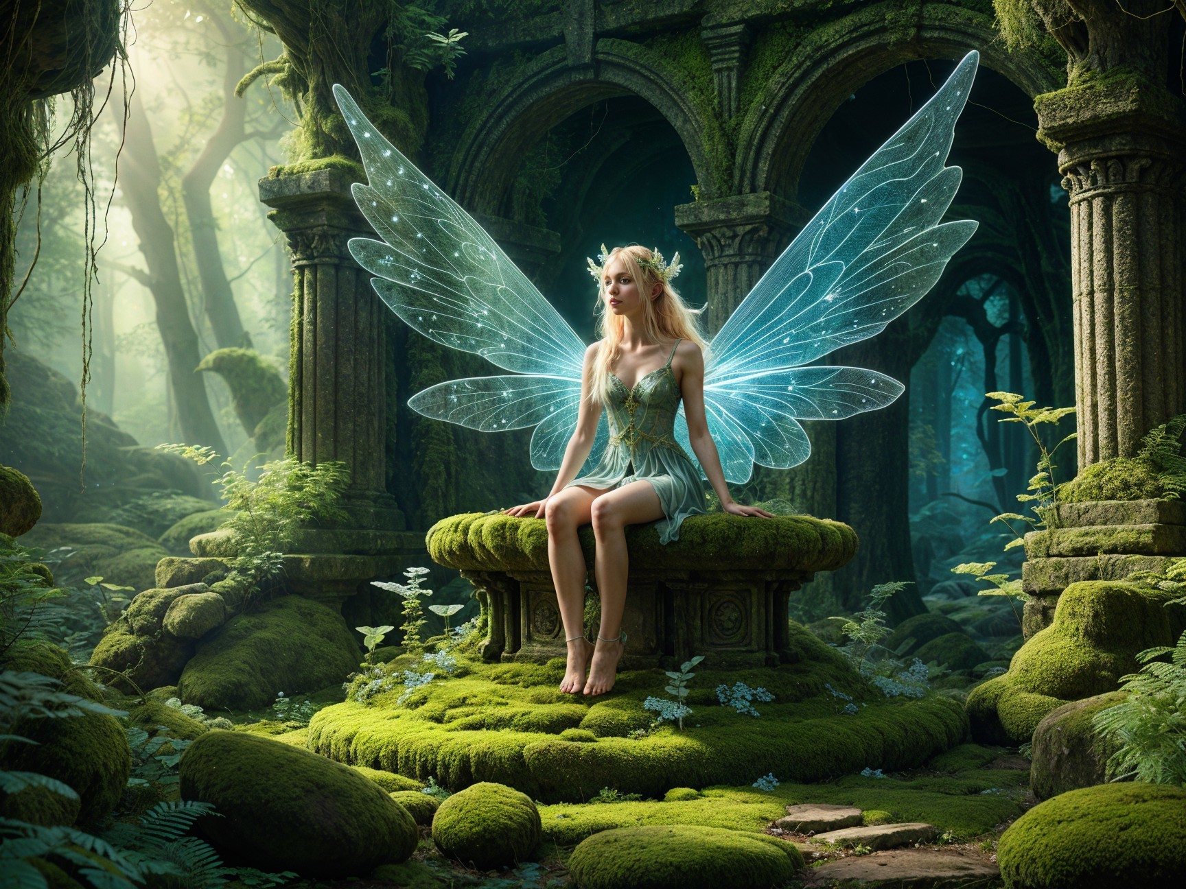 Fairy on Moss-Covered Stone in Enchanted Forest