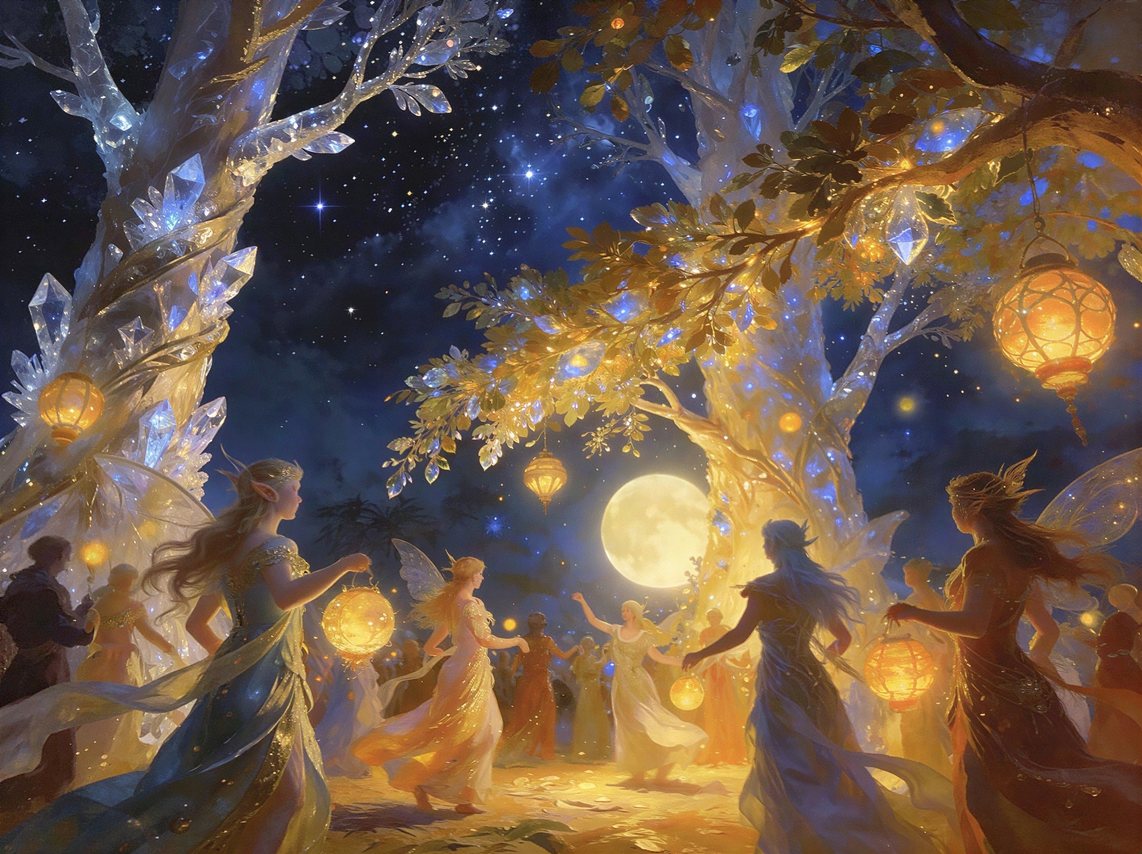 Fairies Dancing in a Moonlit Magical Forest