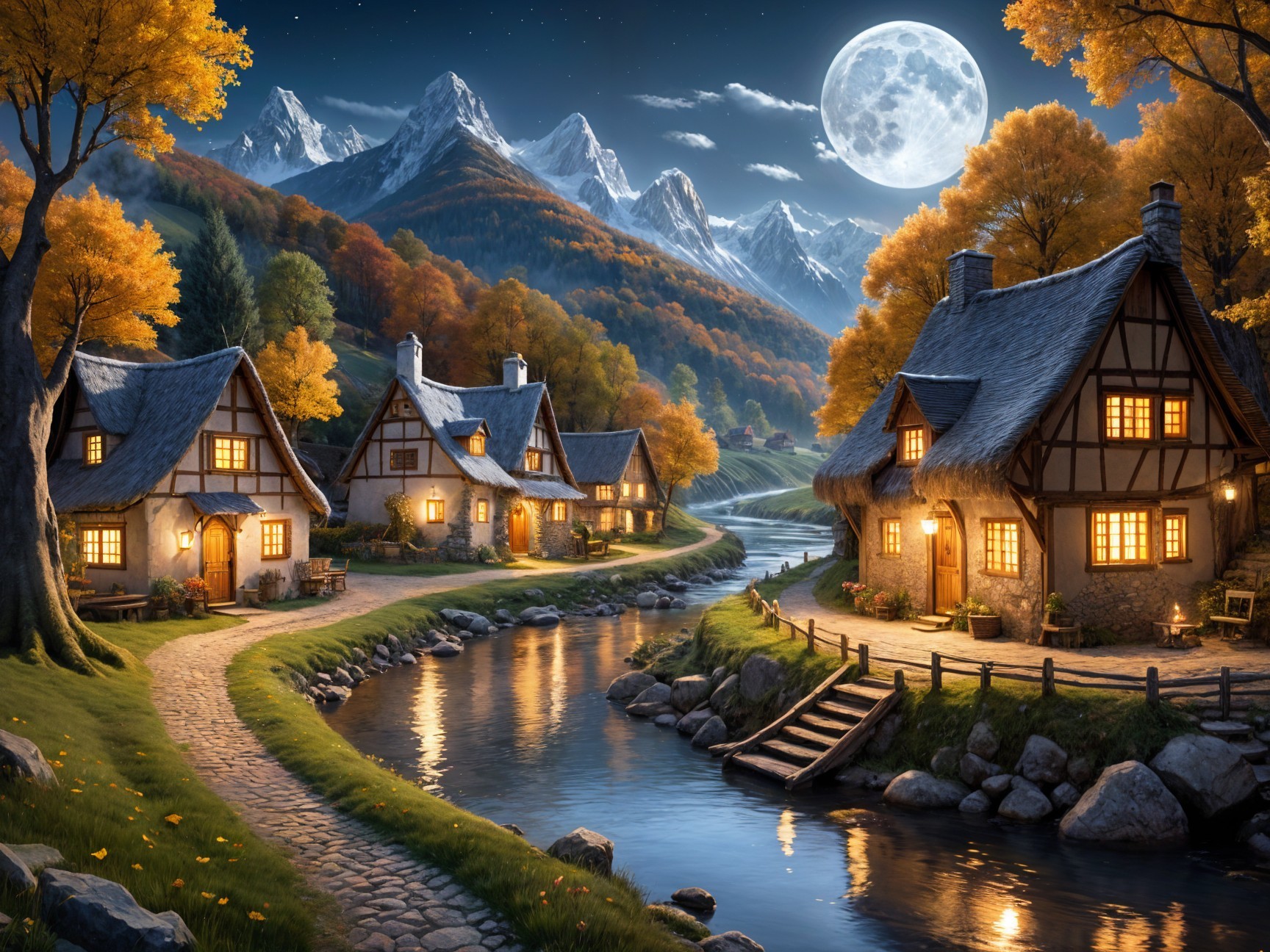 Tranquil Night Village Scene Under Full Moonlight