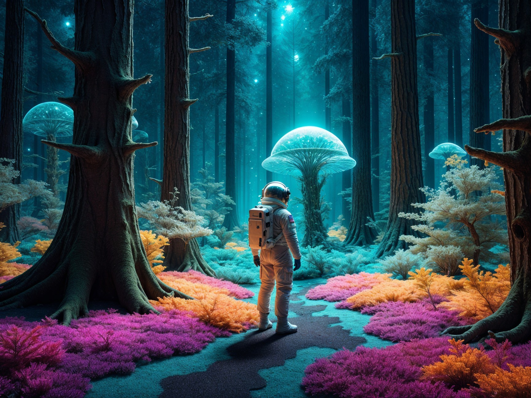 Bioluminescent Forest with Astronaut and Ethereal Fungi