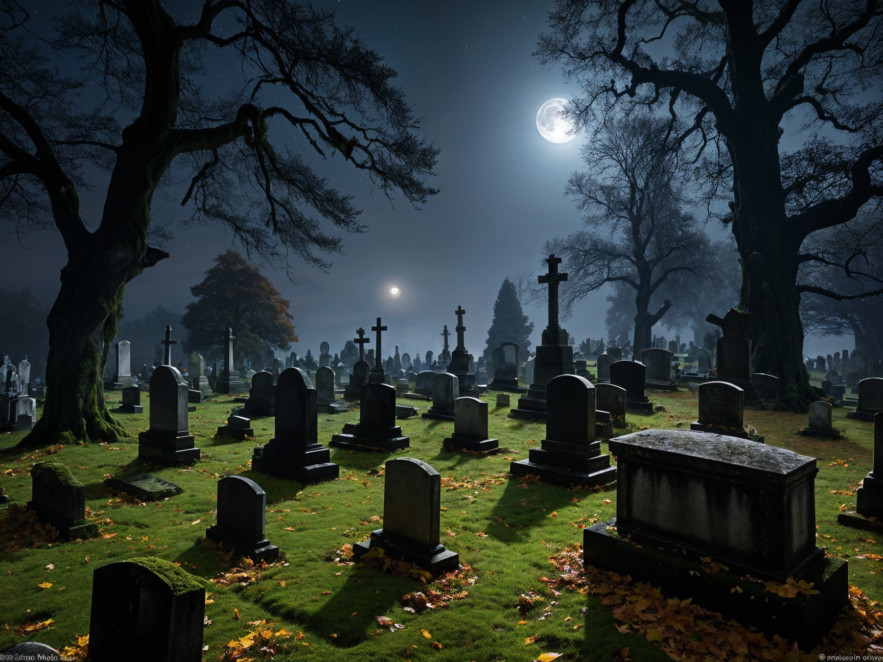 Moonlit cemetery with mist and gnarled trees