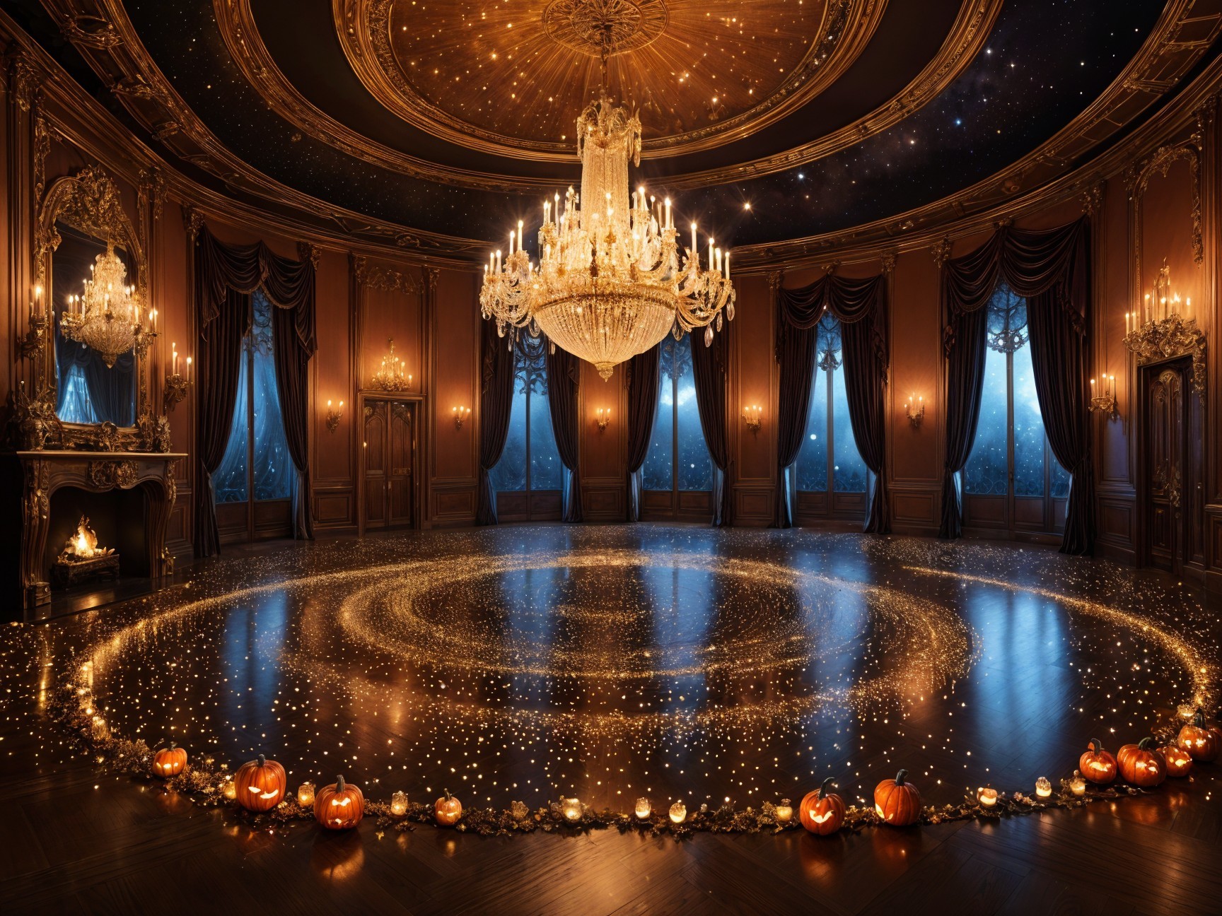 Opulent ballroom with chandeliers and elegant decor