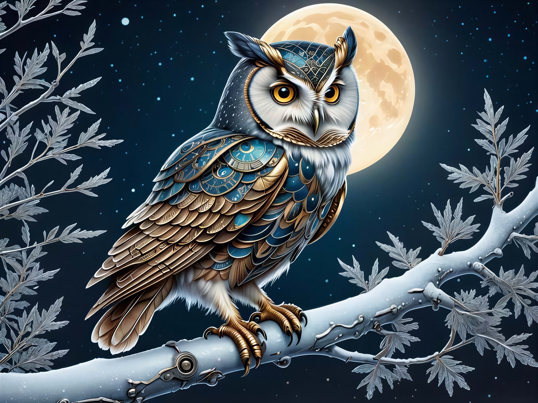 Majestic Owl Illustration Against Night Sky and Moon