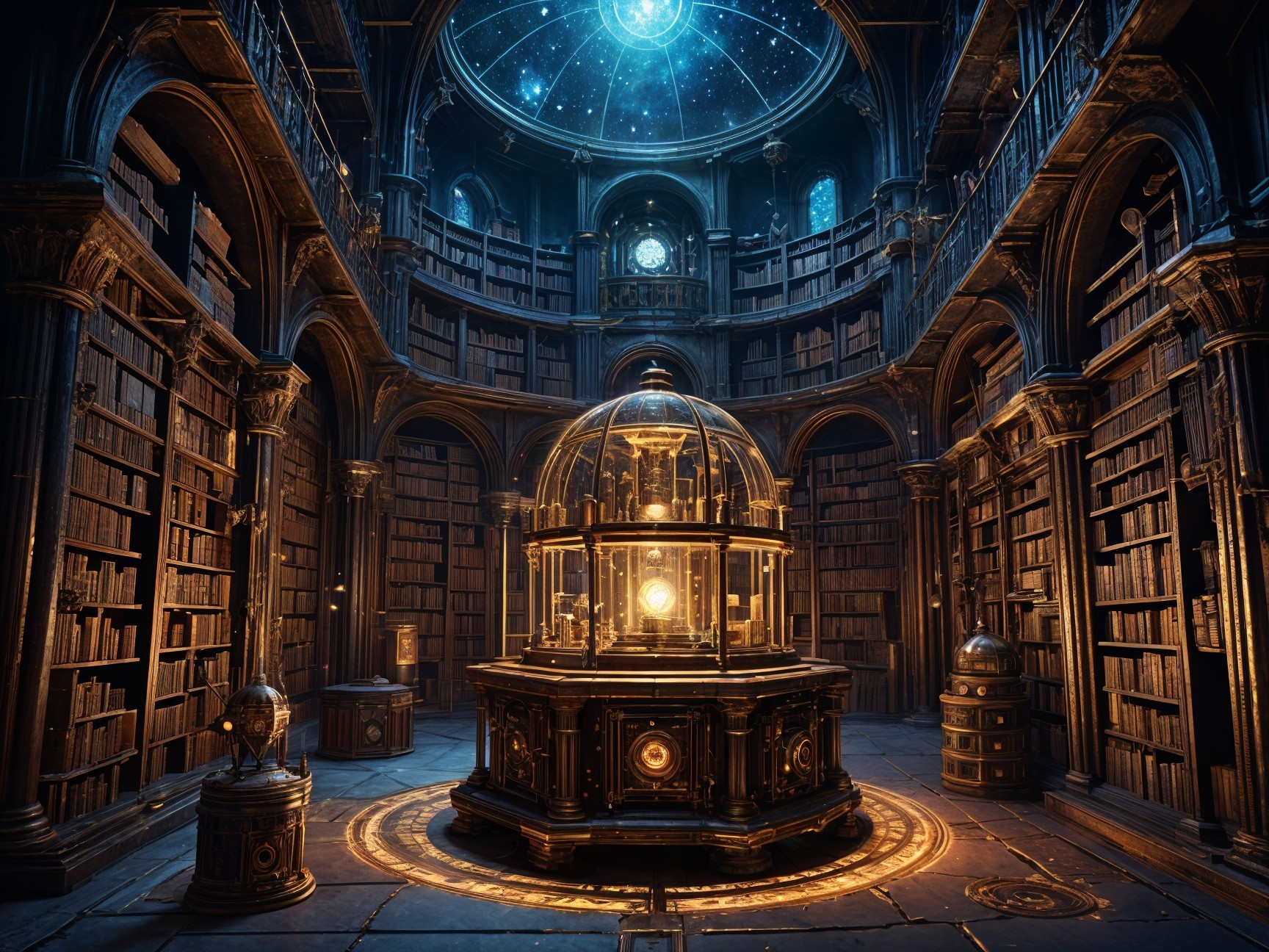 Ancient Library with Towering Bookshelves and Glass Dome