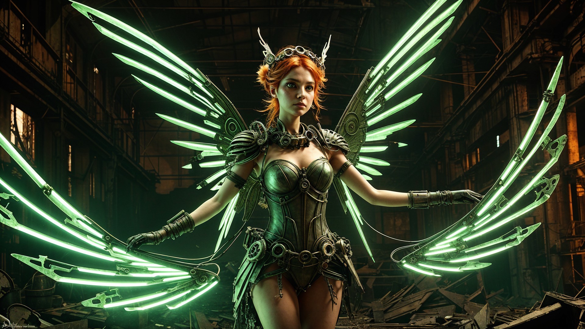 Futuristic Warrior with Green Wings and Fiery Hair