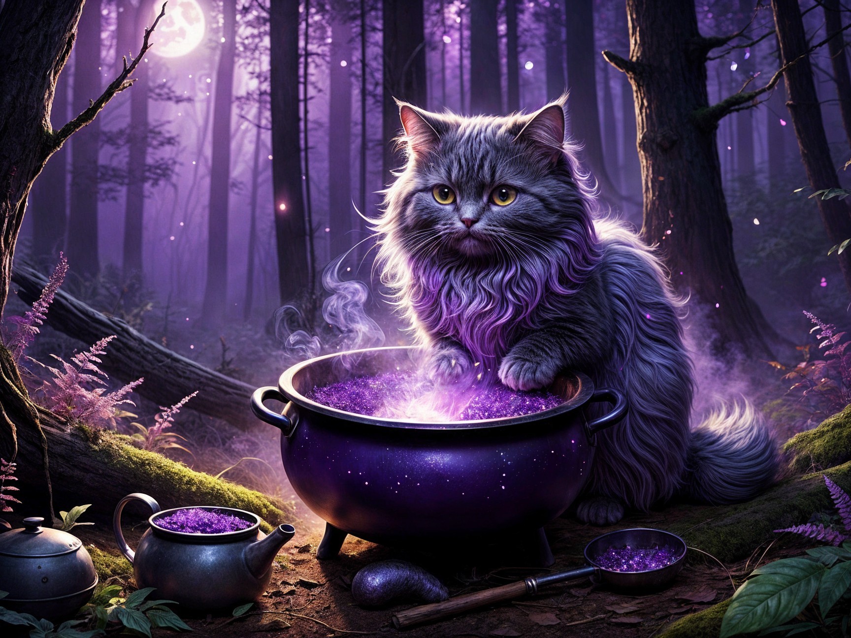 Mystical Forest Scene with Cat and Bubbling Cauldron