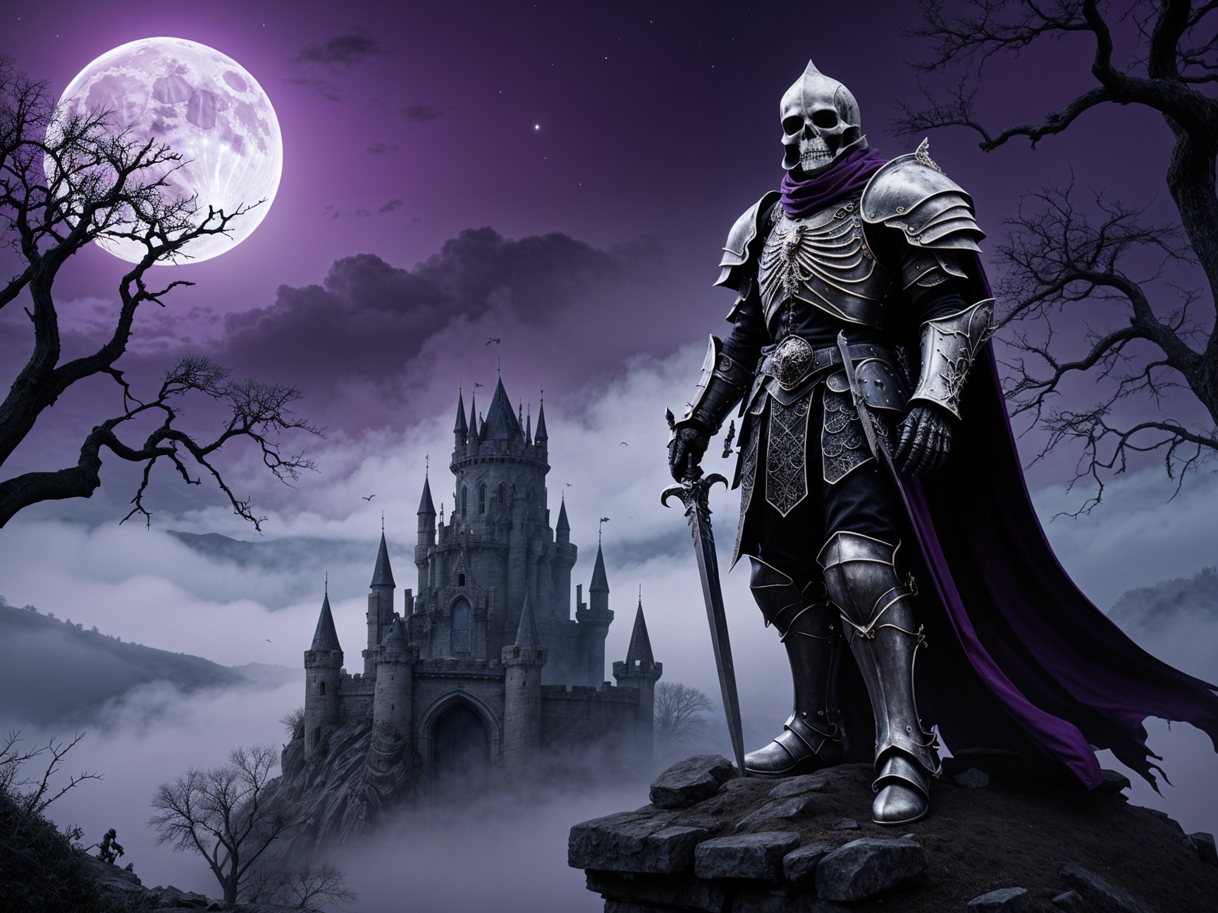 Skeleton Knight in Armor with Gothic Castle Background