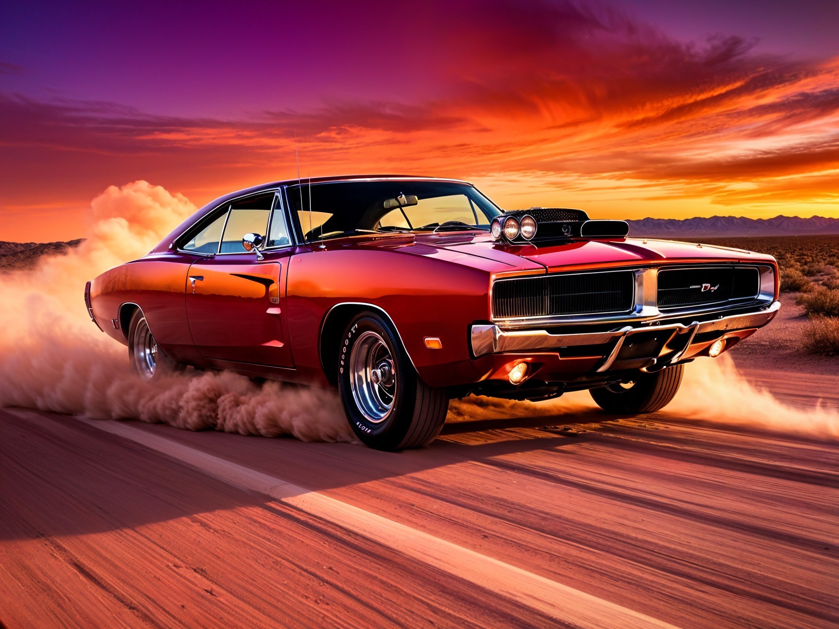Red Muscle Car on Desert Road at Sunset