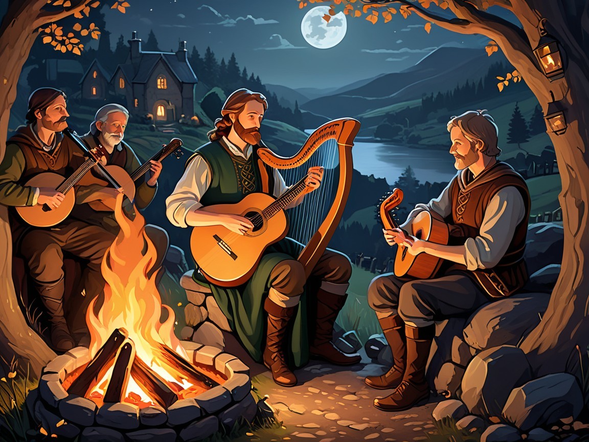 Nighttime Campfire Gathering of Musicians in Nature