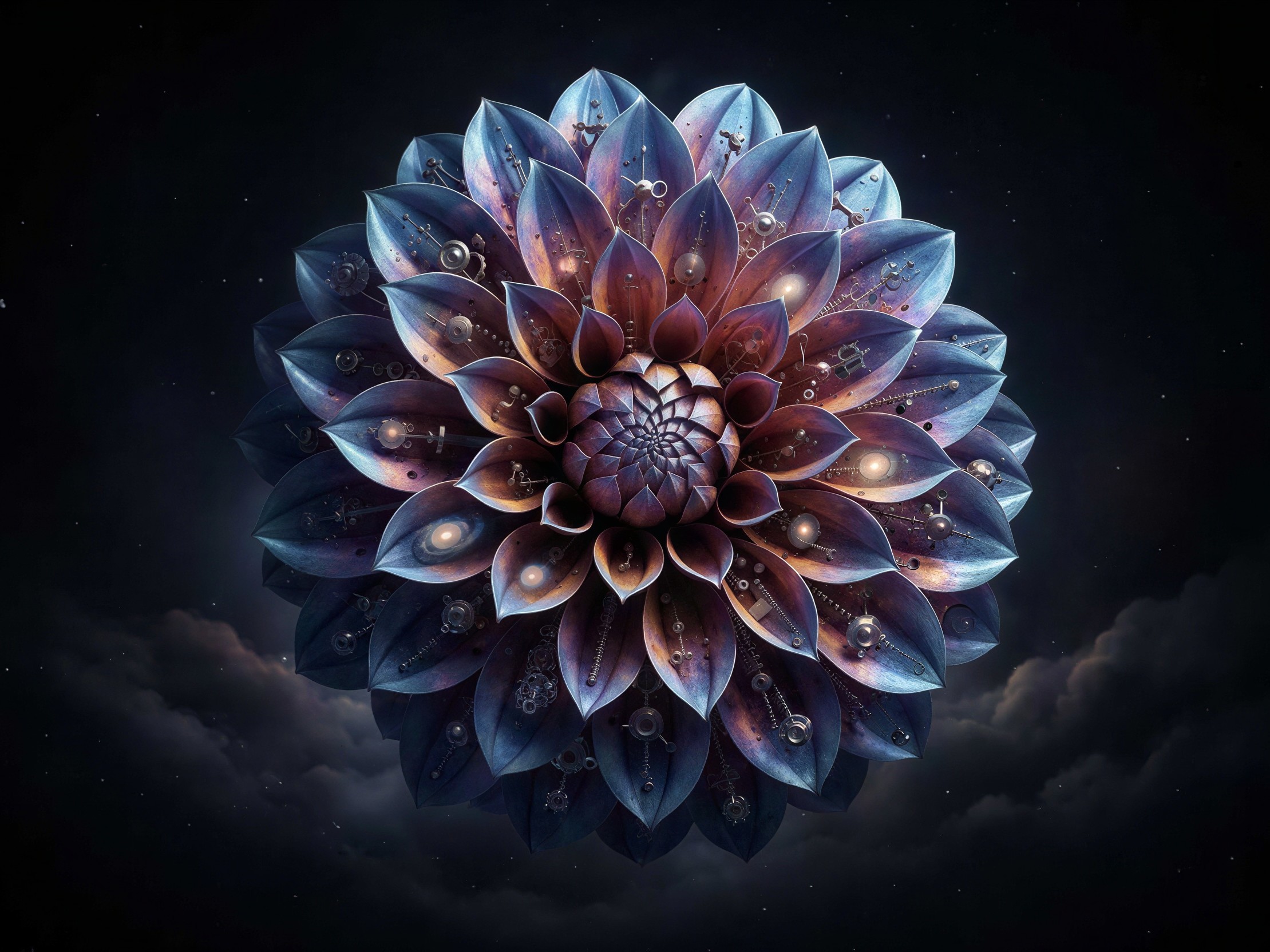 Cosmic Dahlia Flower with Galactic Petals and Mechanisms