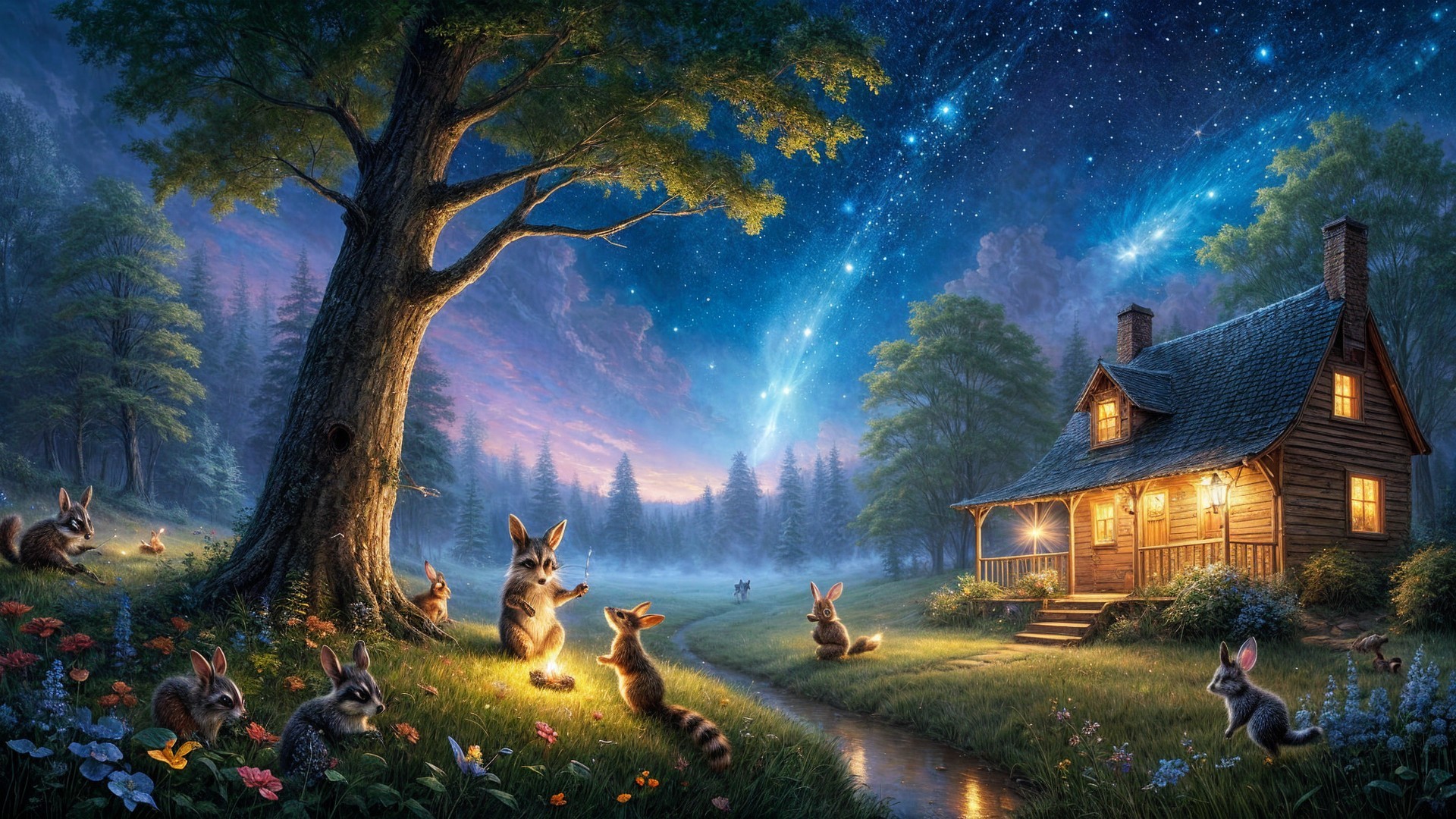 Twilight Scene with Cabin, Rabbits, and Nature