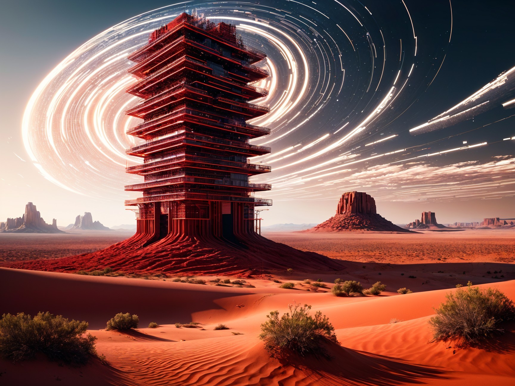 Towering Structure in Red Desert with Star Trails