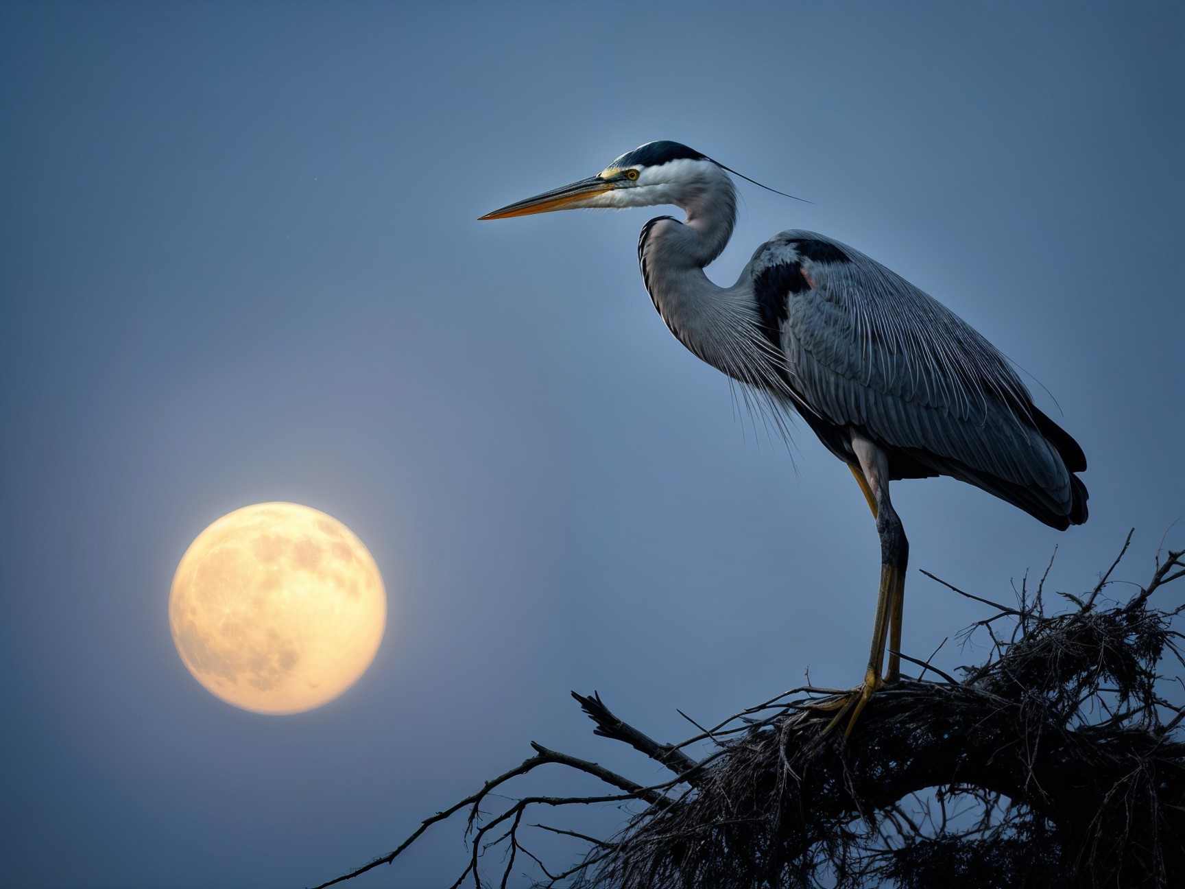 Heron Nesting Under Glowing Full Moon at Dusk