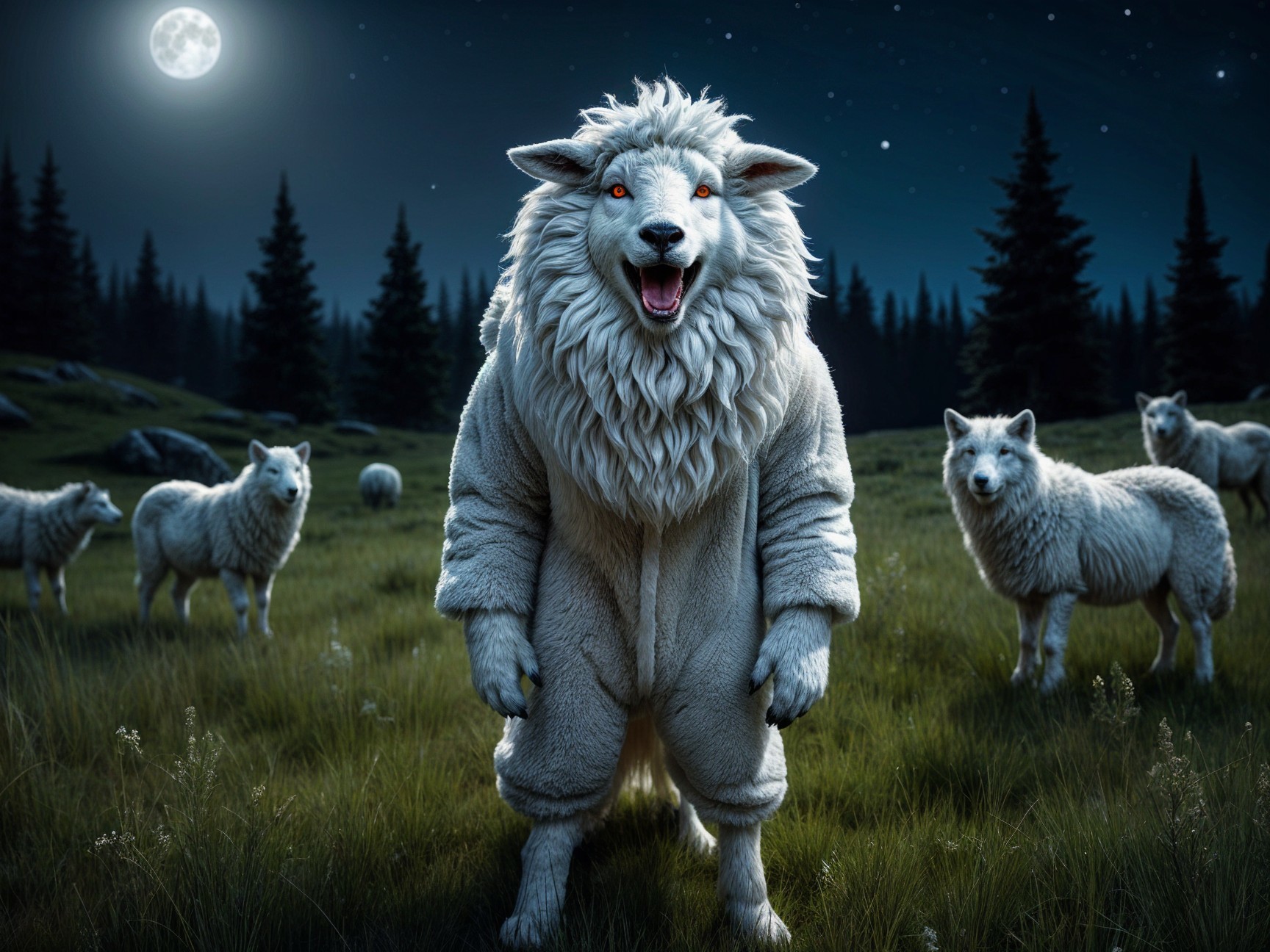 Anthropomorphic wolf in moonlit meadow with sheep