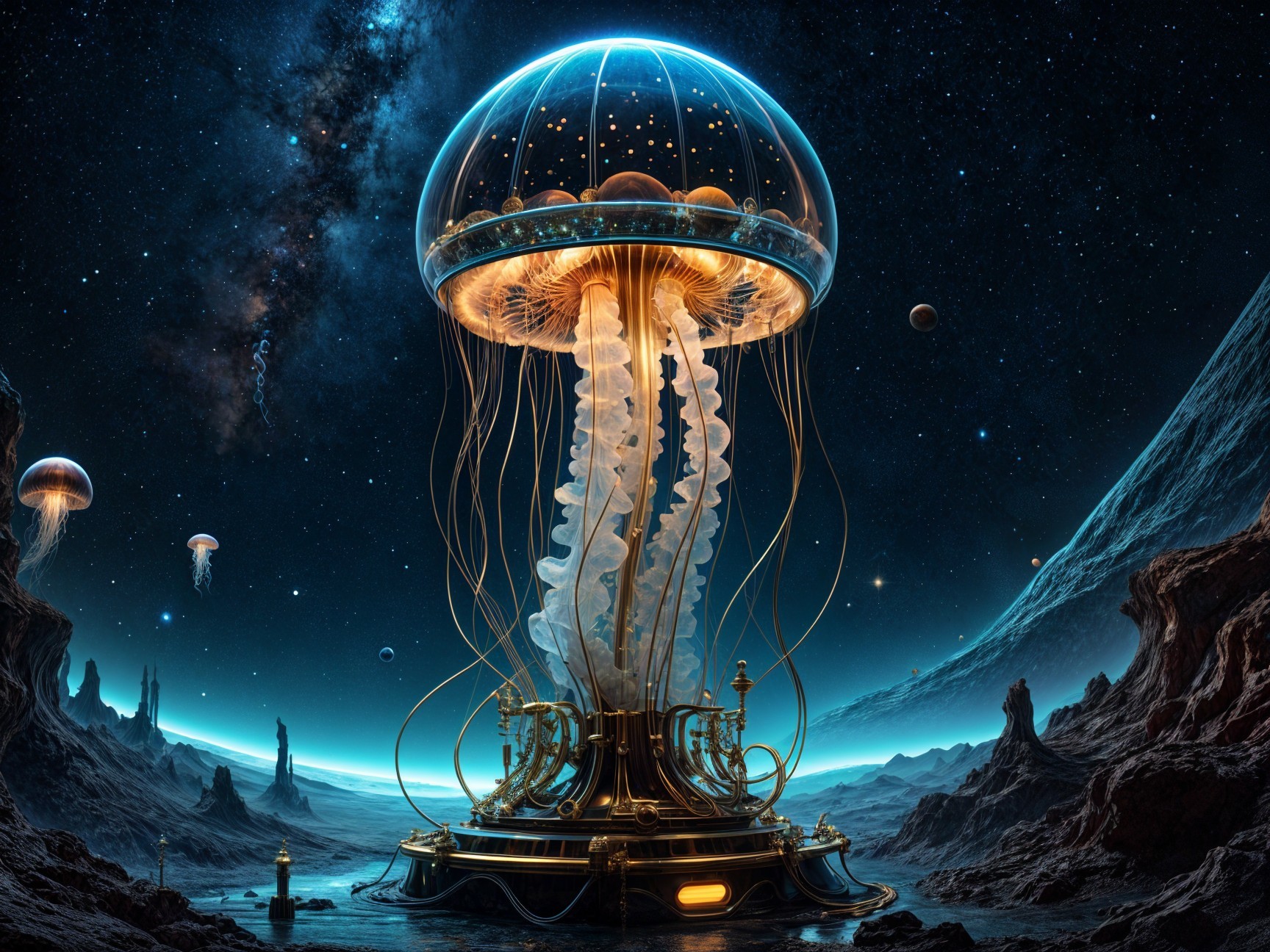 Luminescent Jellyfish in Cosmic Steampunk Landscape