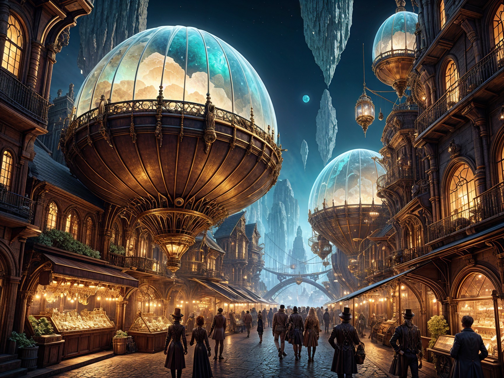 Steampunk Cityscape at Twilight with Airships and Lights