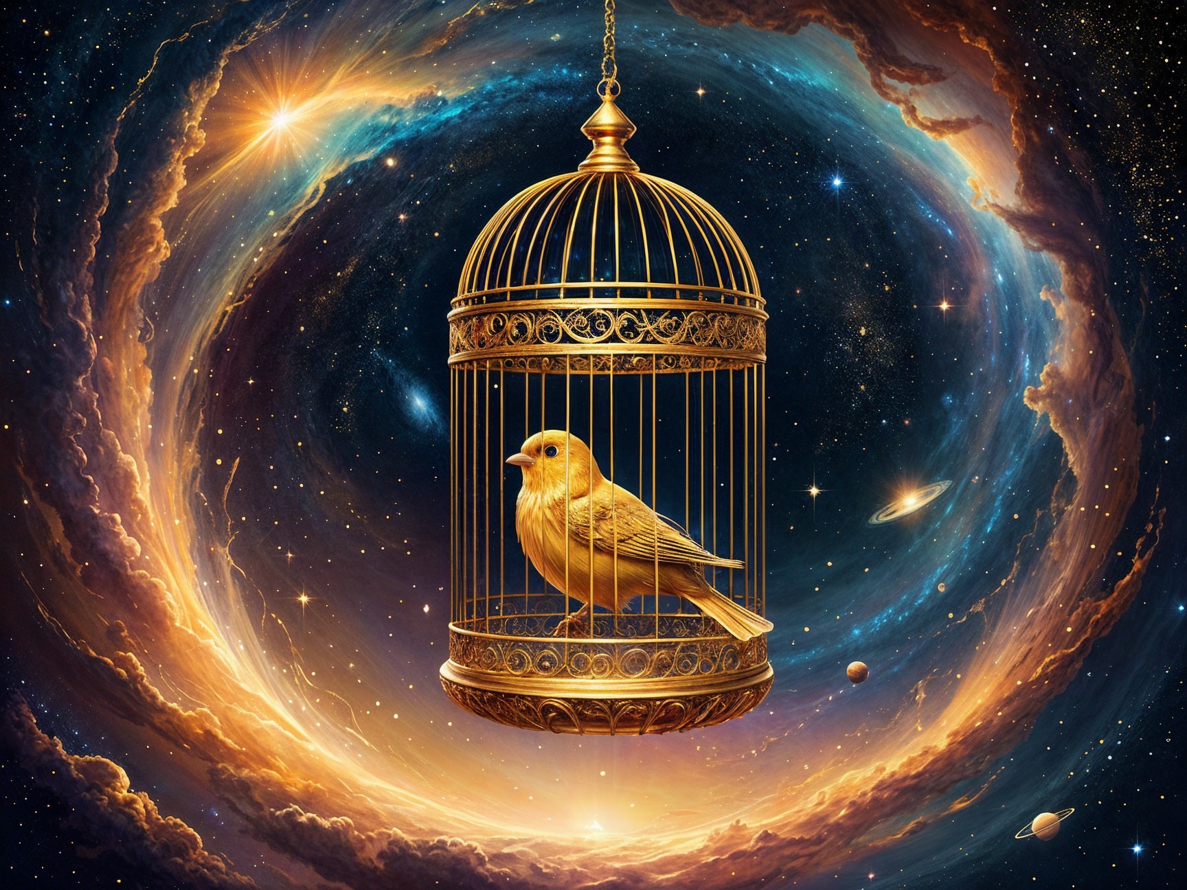 Golden Birdcage with Yellow Bird in Cosmic Setting