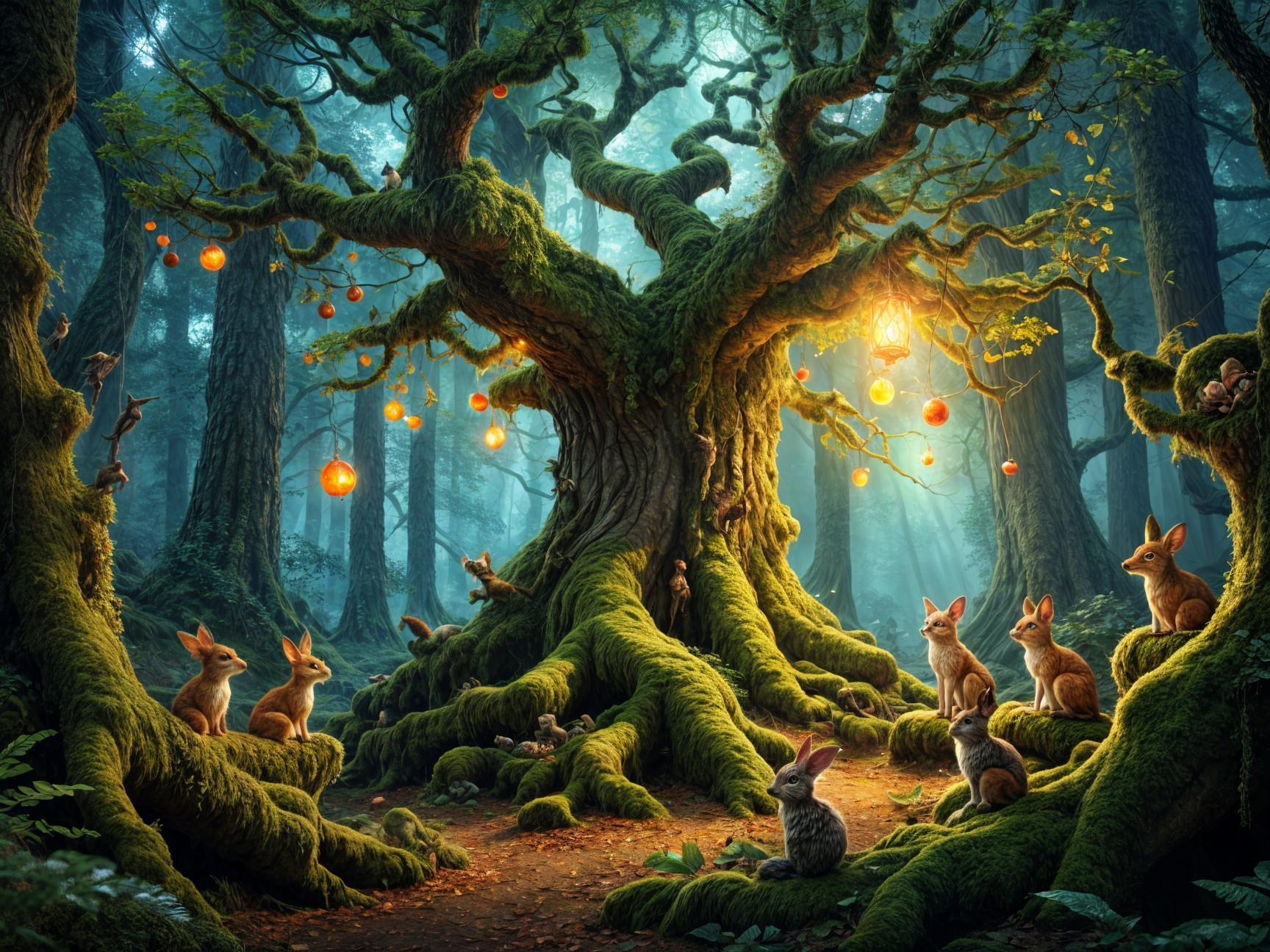 Ancient Tree with Lanterns in a Mystical Forest