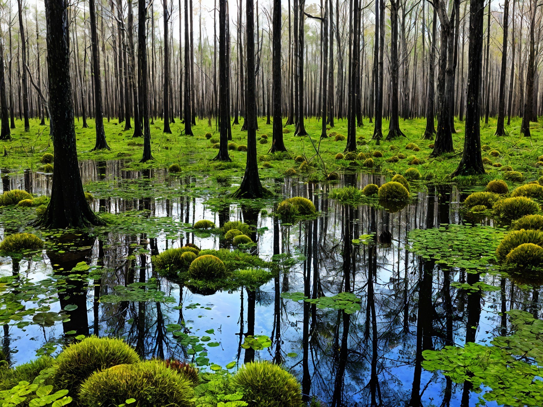 Serene Wetland Scene with Reflective Pool and Trees