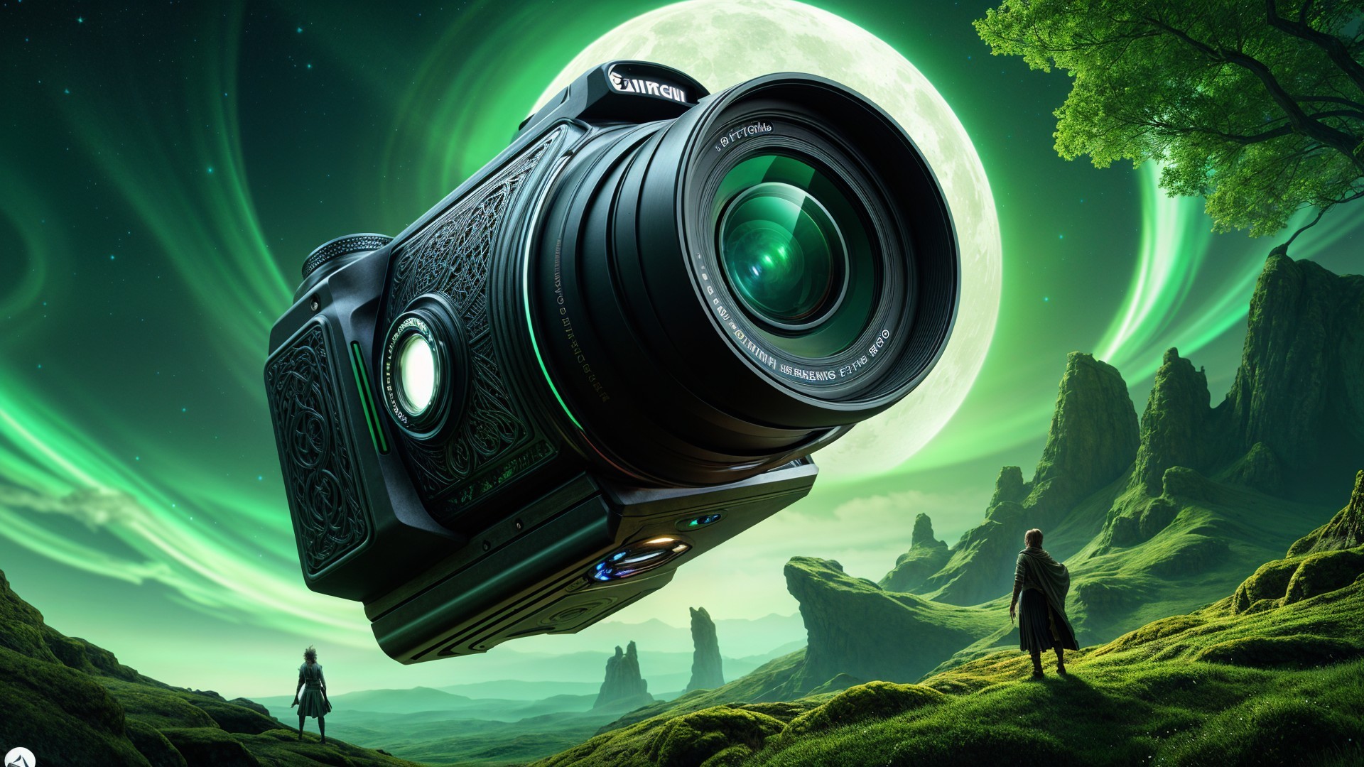 Surreal Landscape with Giant Camera and Moonlit Valley