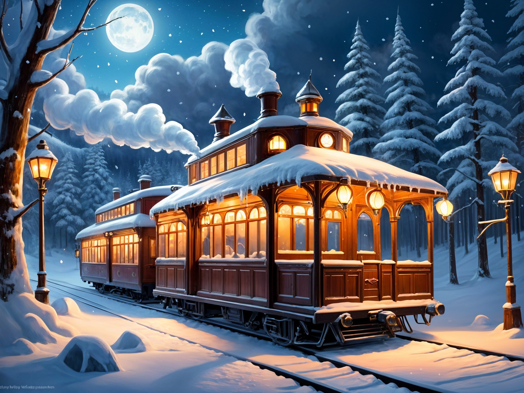Vintage train on snowy track with warm lights