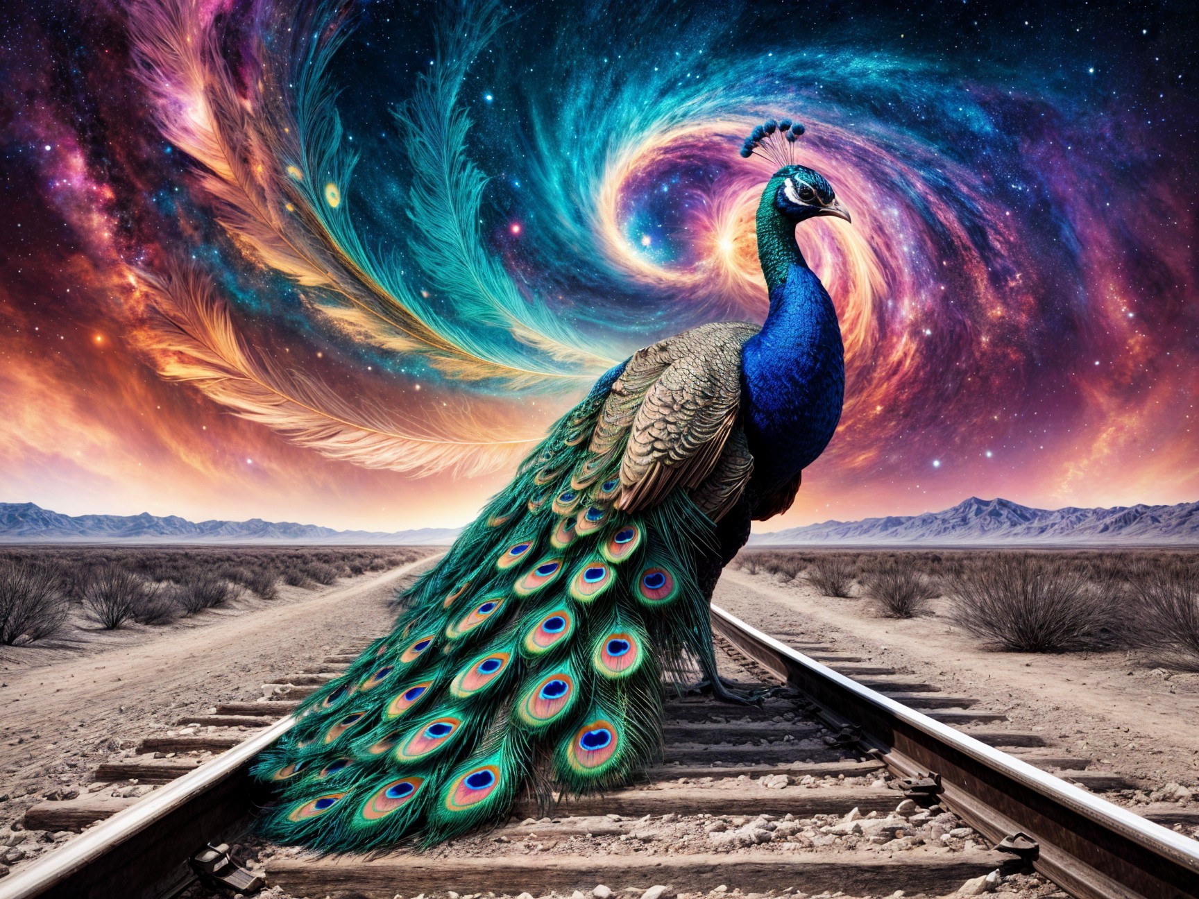 Peacock on Train Tracks with Cosmic Vortex Background
