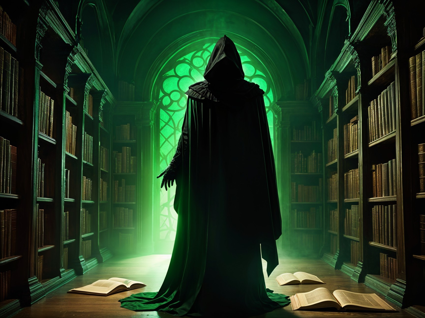 Mysterious Library with Ancient Books and Green Light