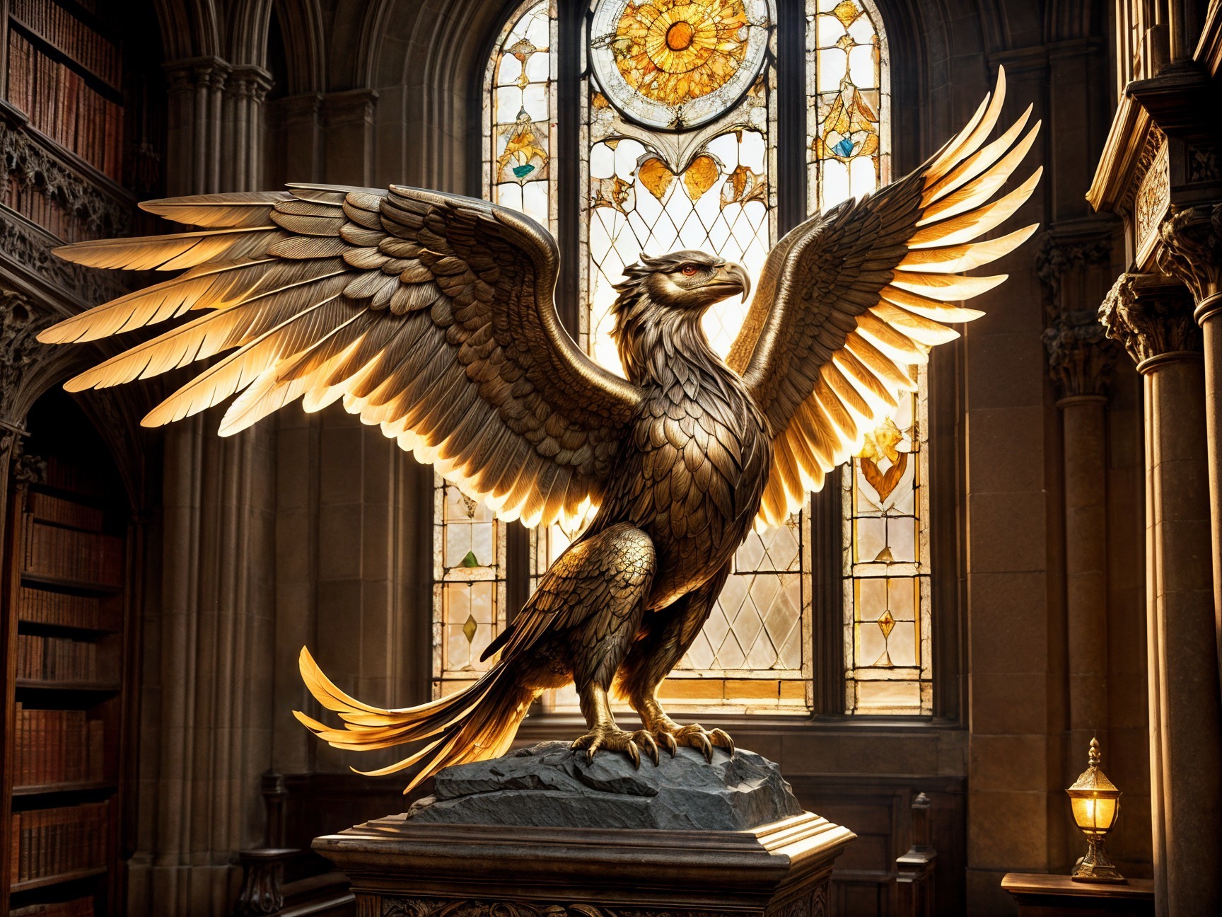 Golden Griffin Statue in Grand Library Setting
