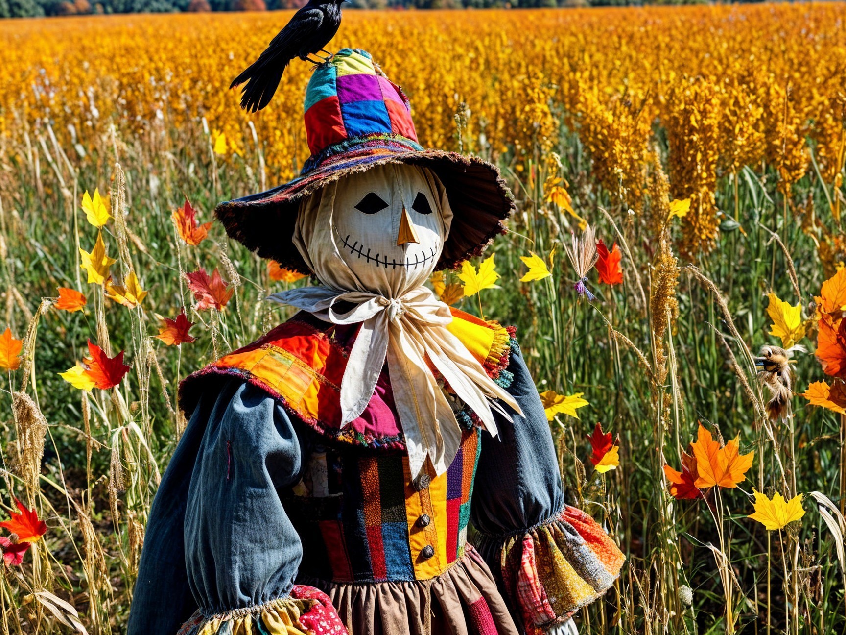 Vibrant Scarecrow in a Golden Autumn Field