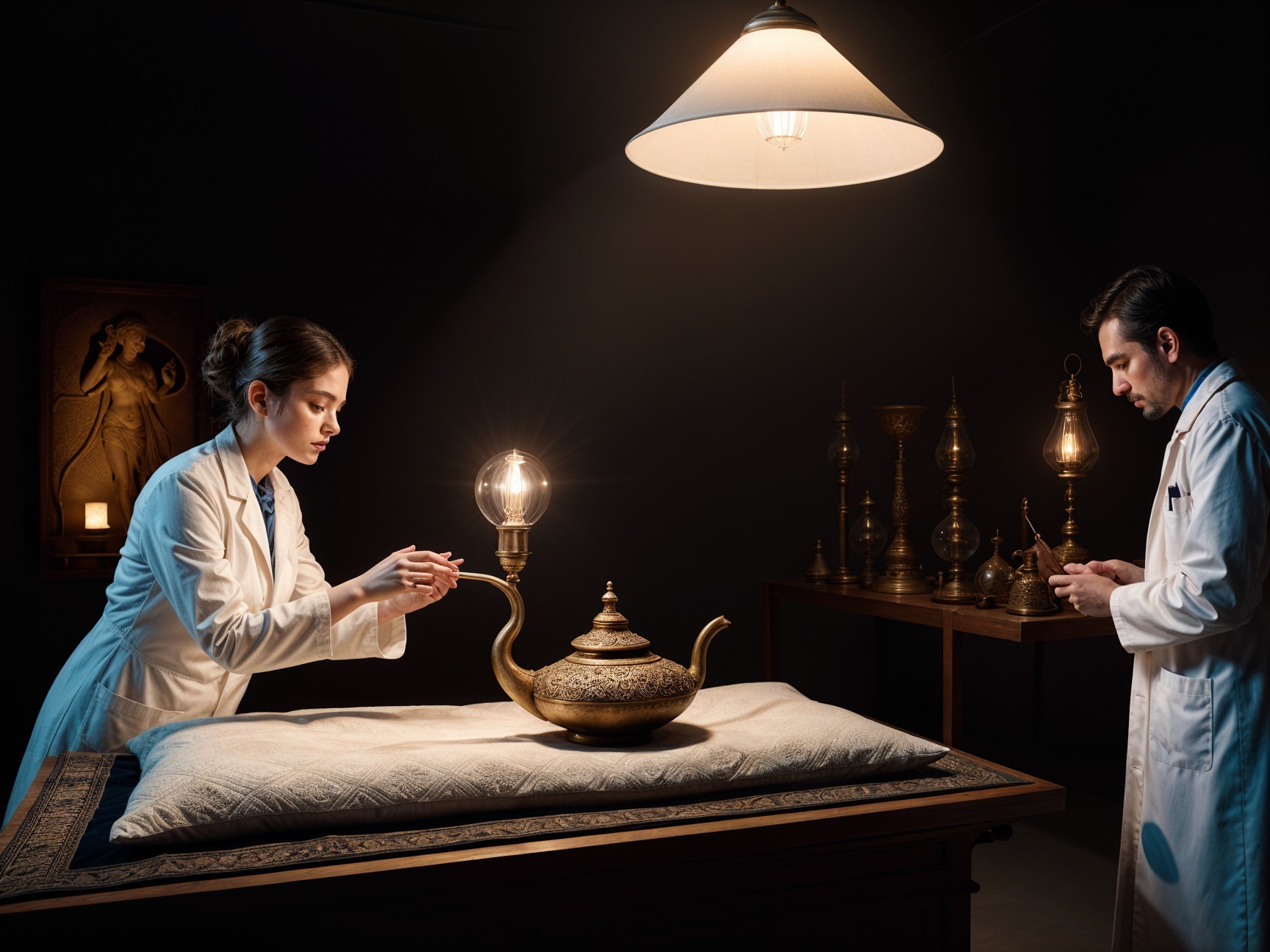 Woman Examines Ornate Brass Lamp in Dim Room