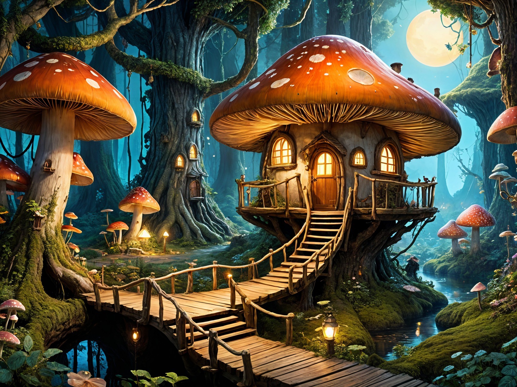Whimsical forest scene with a mushroom-shaped house