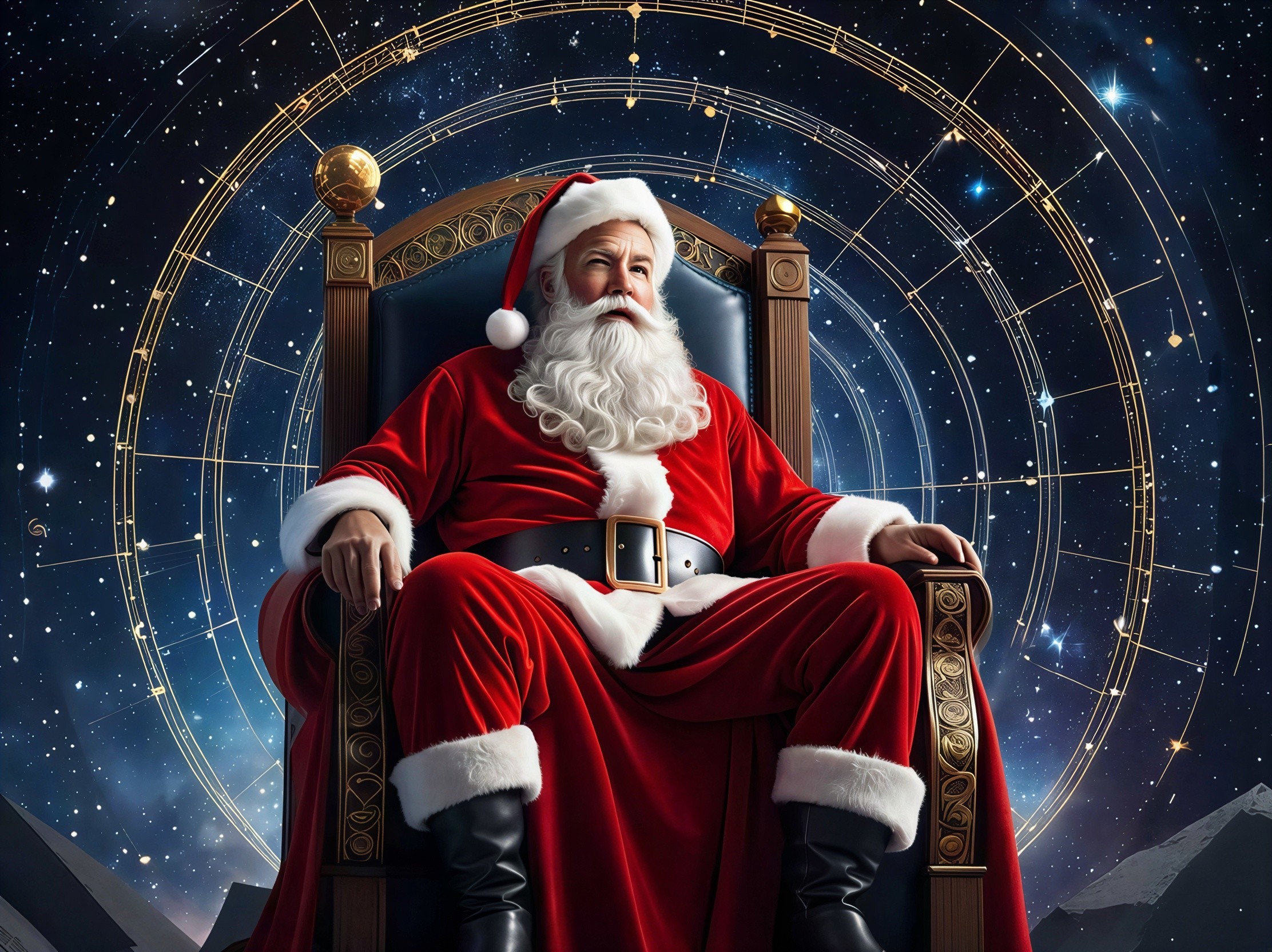 Santa Claus in Ornate Throne Against Starry Night Sky