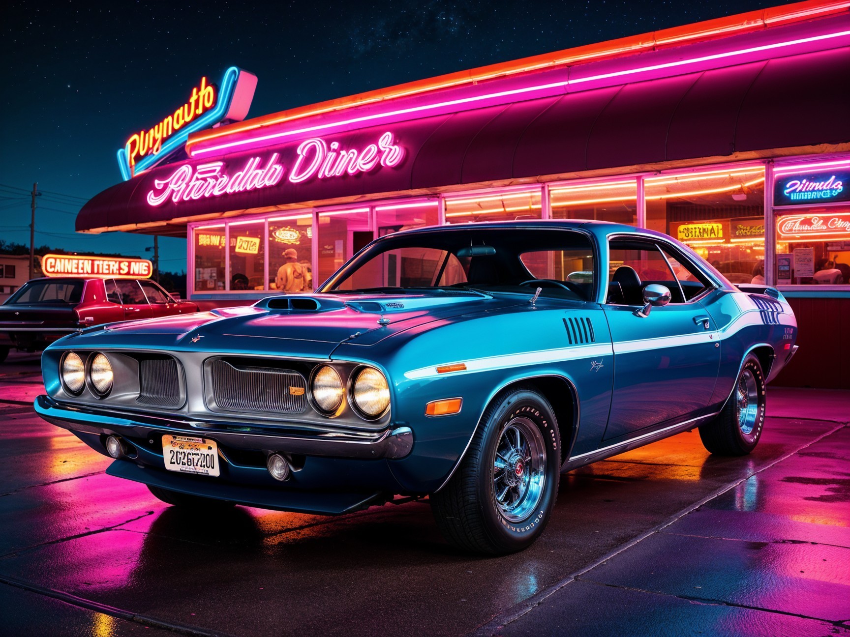 Classic Blue Muscle Car at Retro Diner with Neon Lights