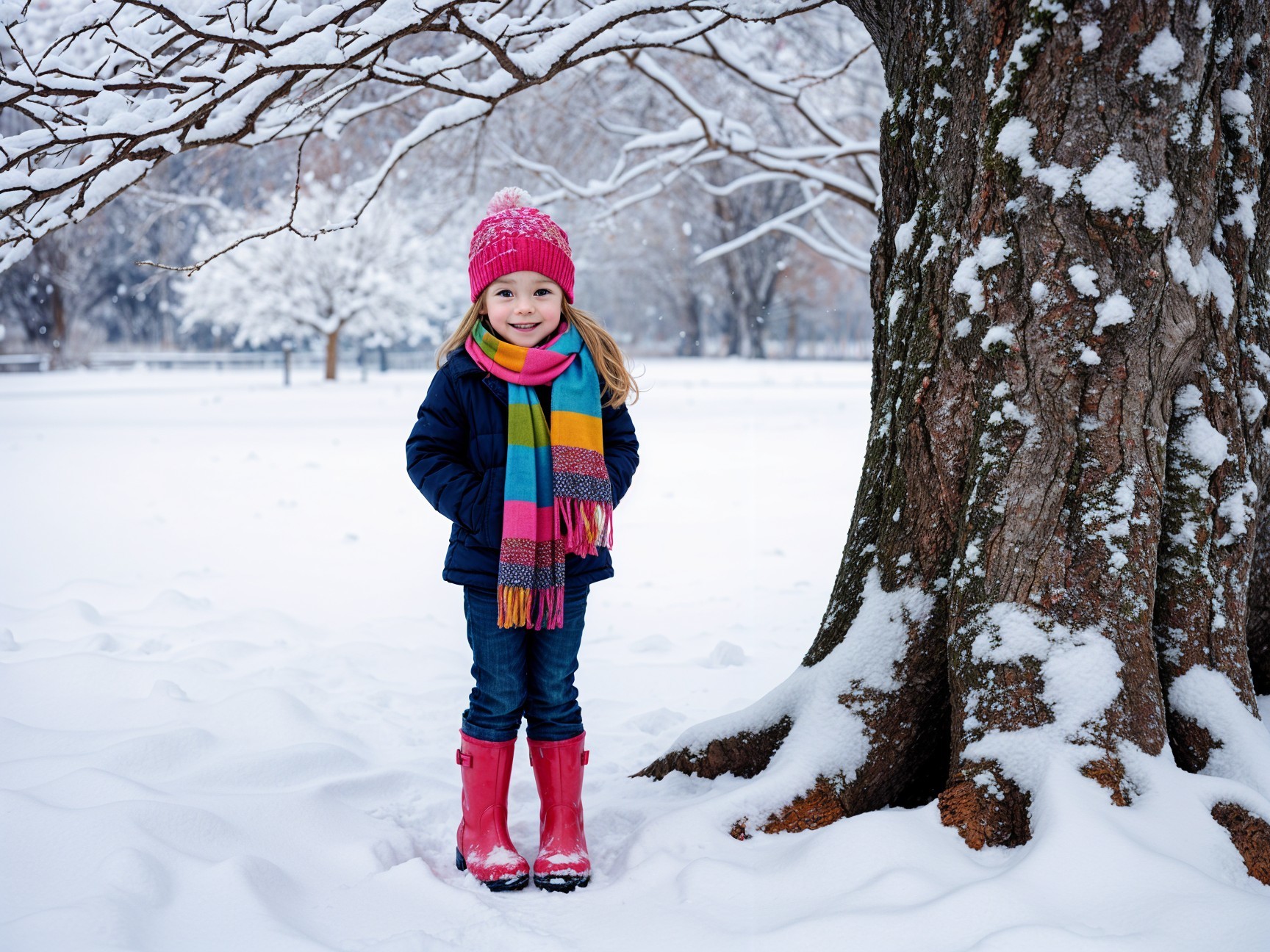 Cheerful girl in winter attire by snowy tree