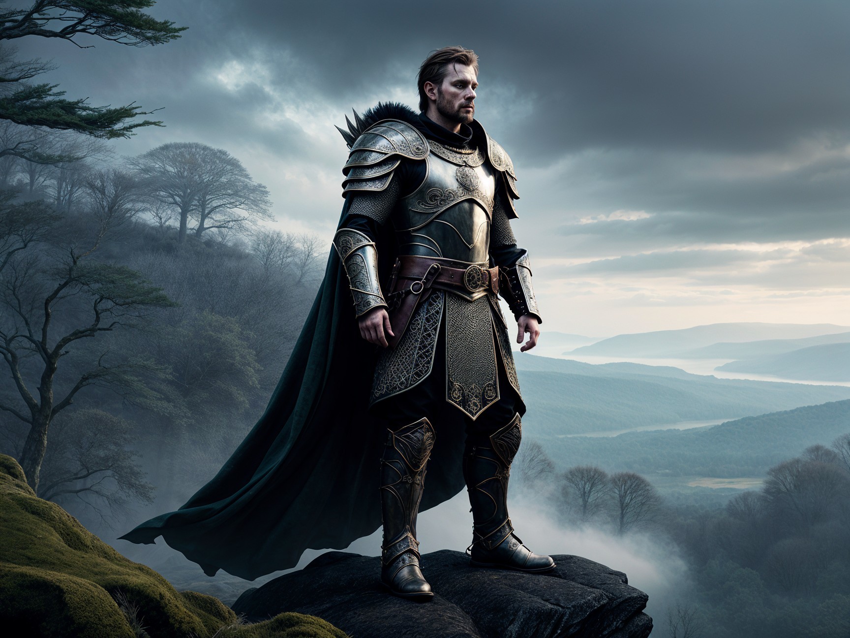 Heroic Figure in Ornate Armor Overlooking Landscape