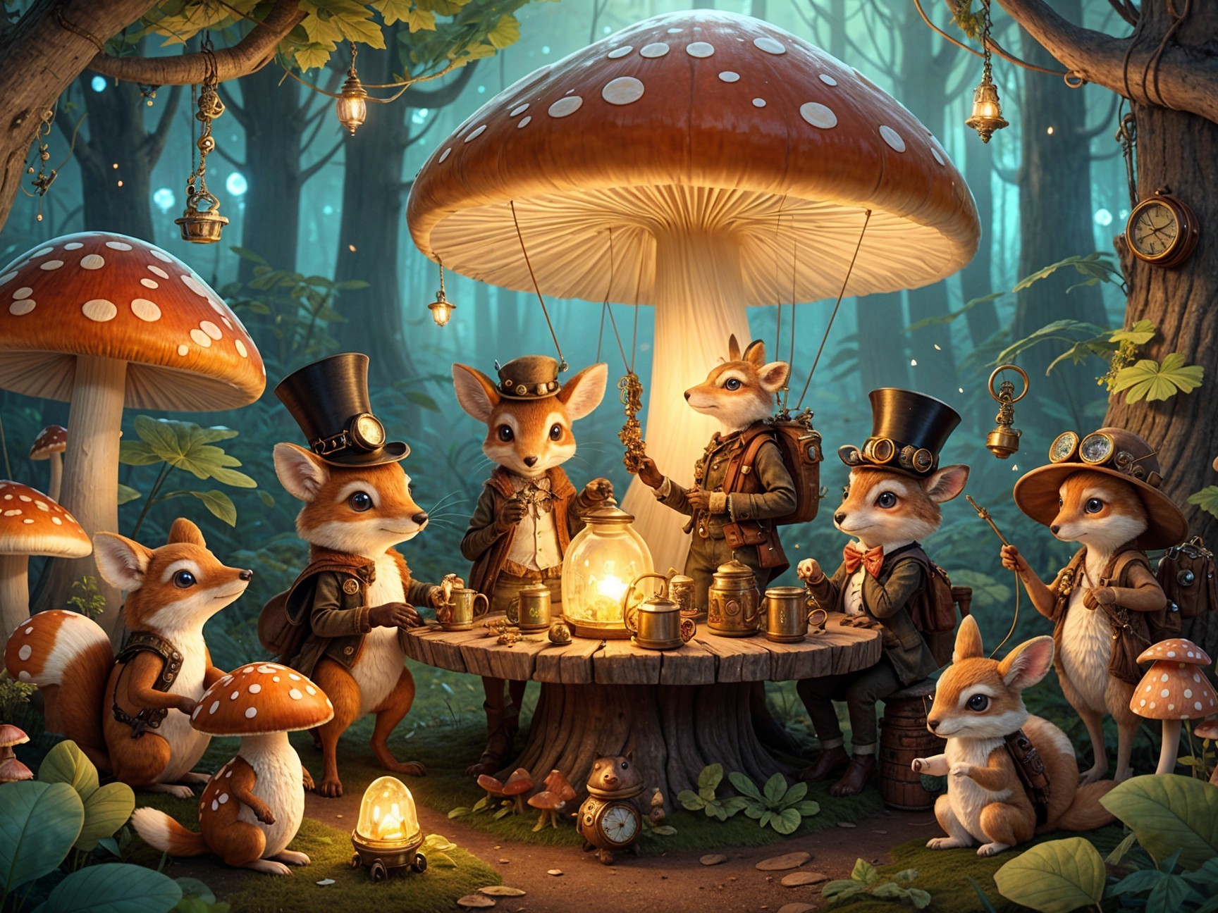 Charming Foxes in Victorian Attire in Enchanted Forest