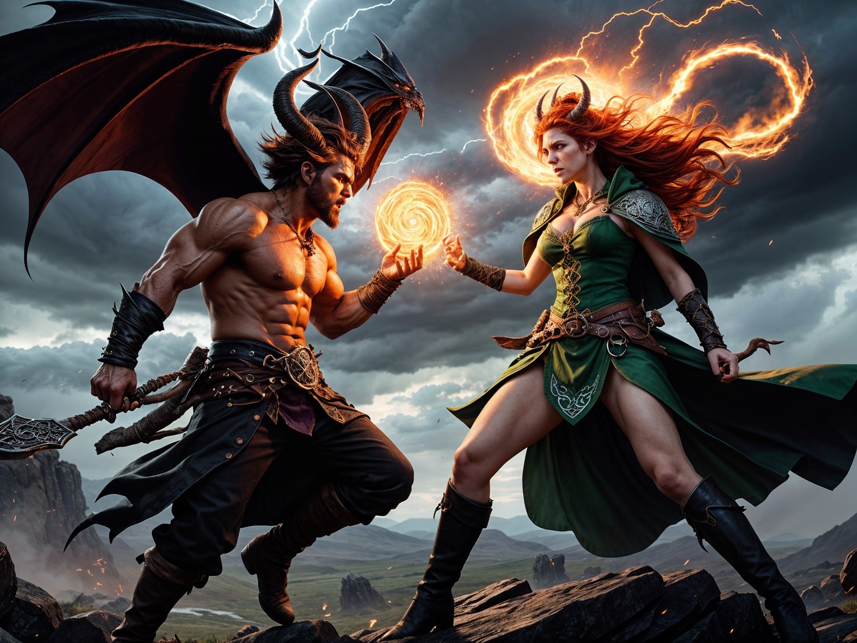 Dramatic Fantasy Battle with Winged Figure and Sorceress